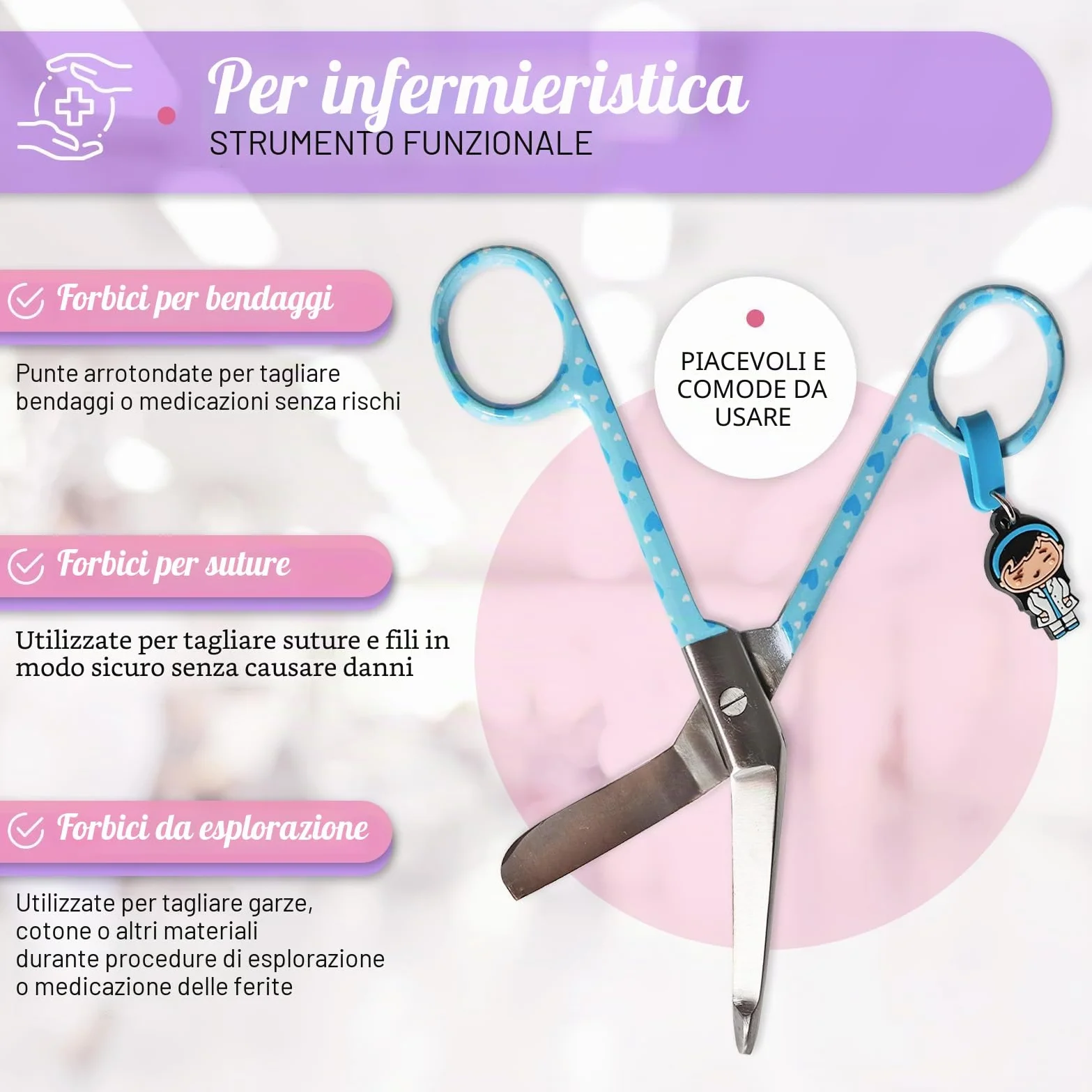Forbici per infermieri in acciaio inossidabile con punta arrotondata portachiavi AZZURRO