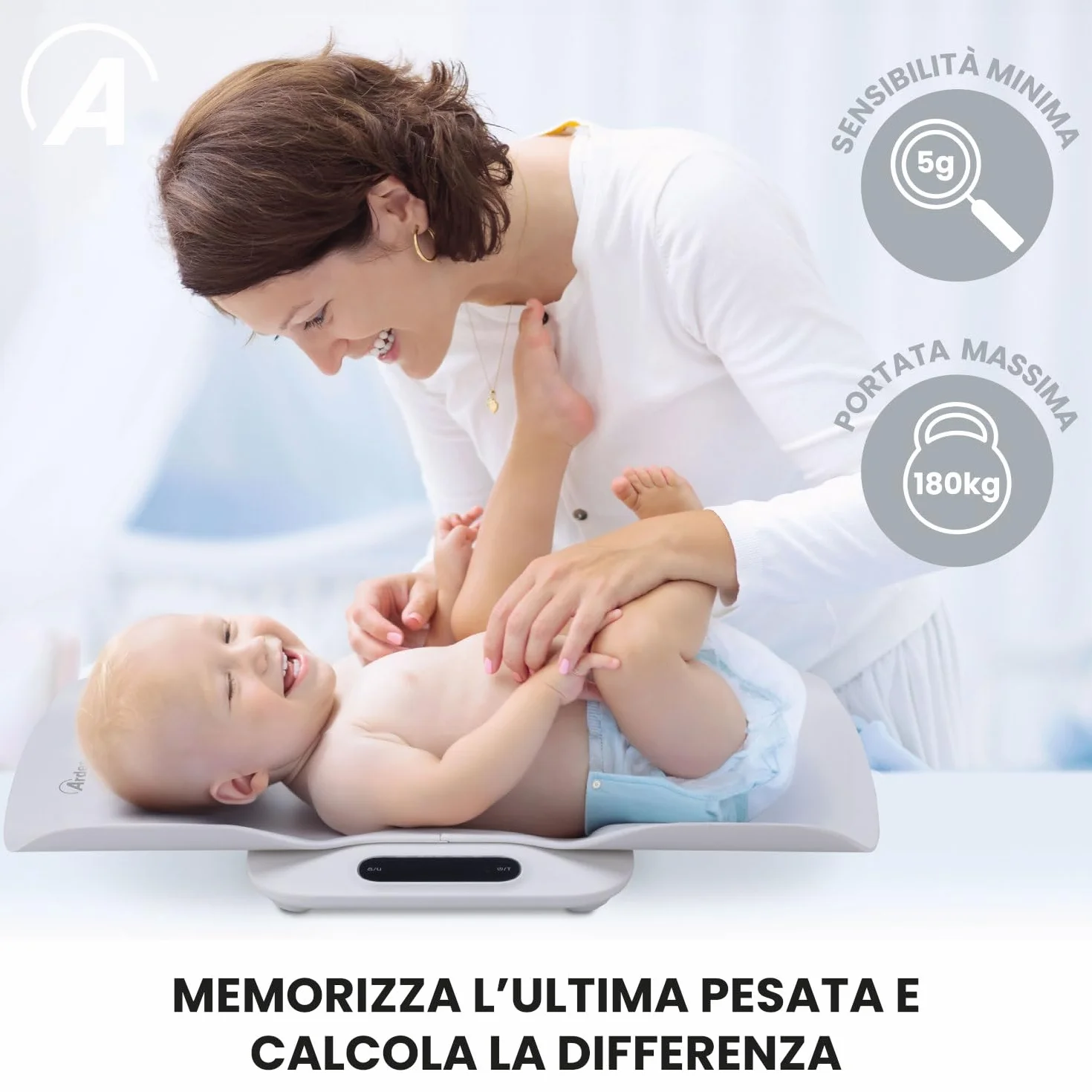 Ardes GROWY Bilancia Digitale Multifunzione per Neonati, Bambini, Adulti e Animali con Vassoio Rimovibile, Alta Precisione e Schermo LCD