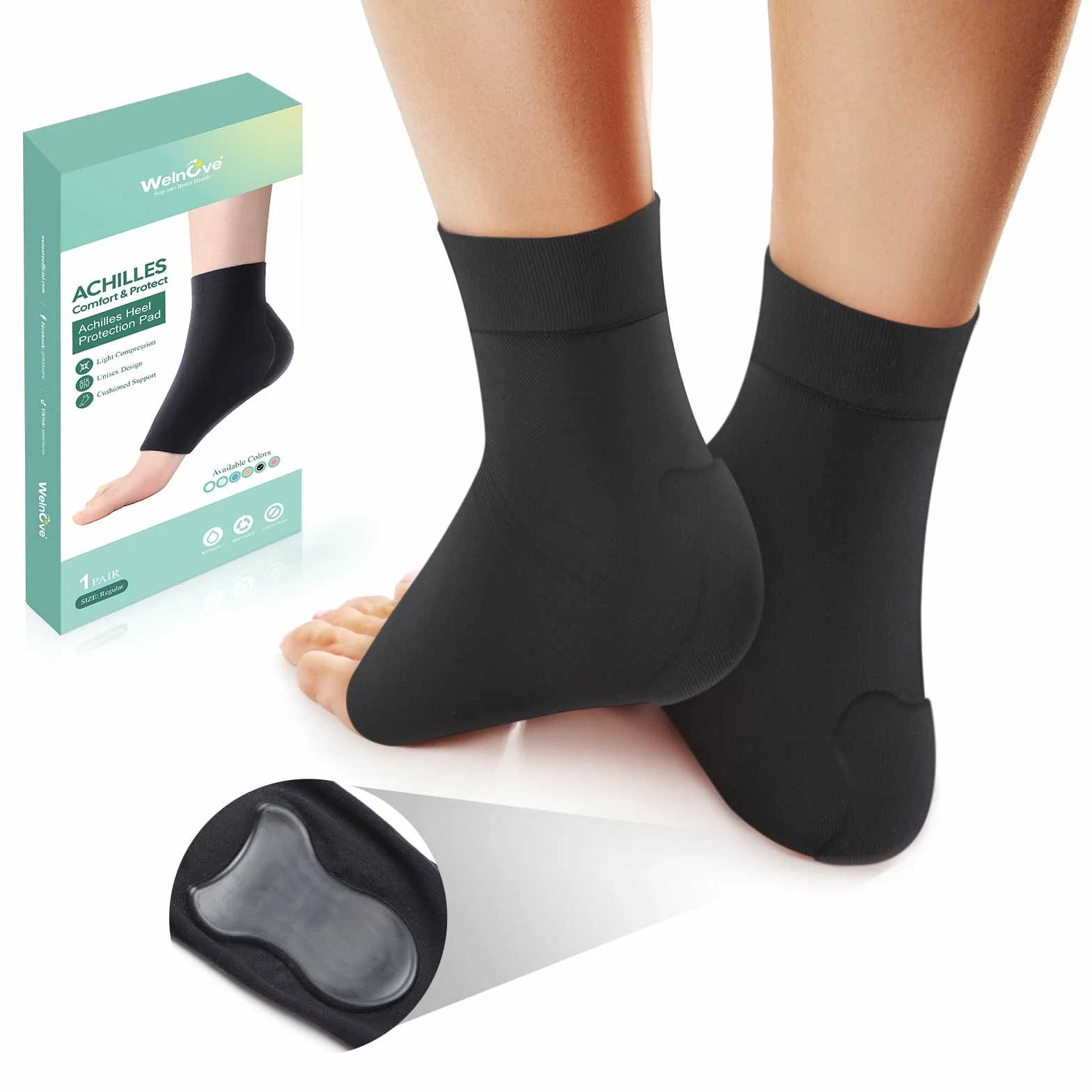 Welnove Achille Tendinite Heel Protector Socks - Achilles Tendon Support Compression Gel Padded Sleeve Socks for Cushion & Protection of Bursitis, Tendinite, Tenderness, Dry Cracked - Black