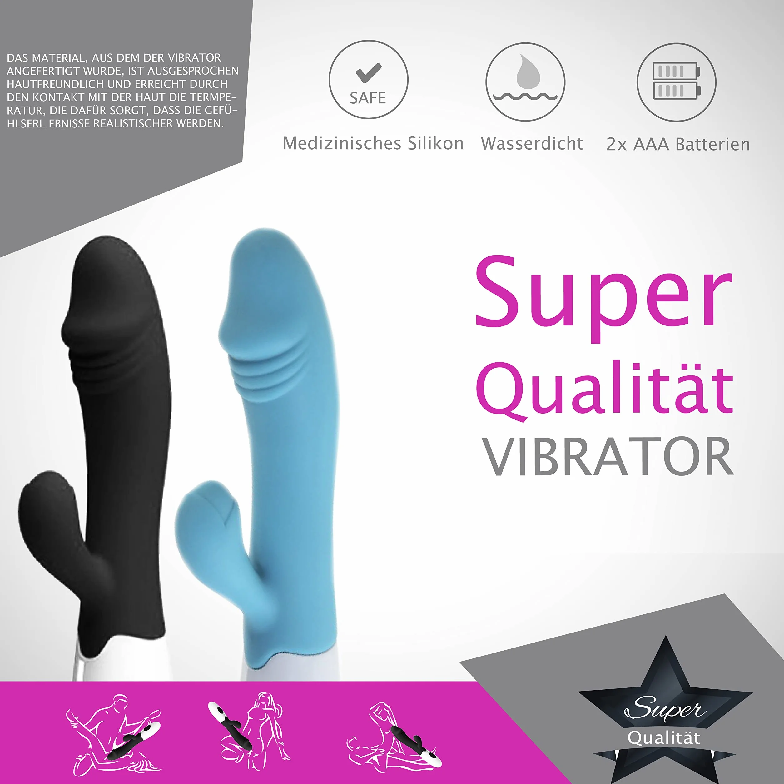 Vibratore Rabbit 19cm ⌀3cm – 30 Modalità, Nero Stimolatore Clitoride e Punto G in Silicone, Dildo Impermeabile, Sex Toy Donna, FOPS W25-3