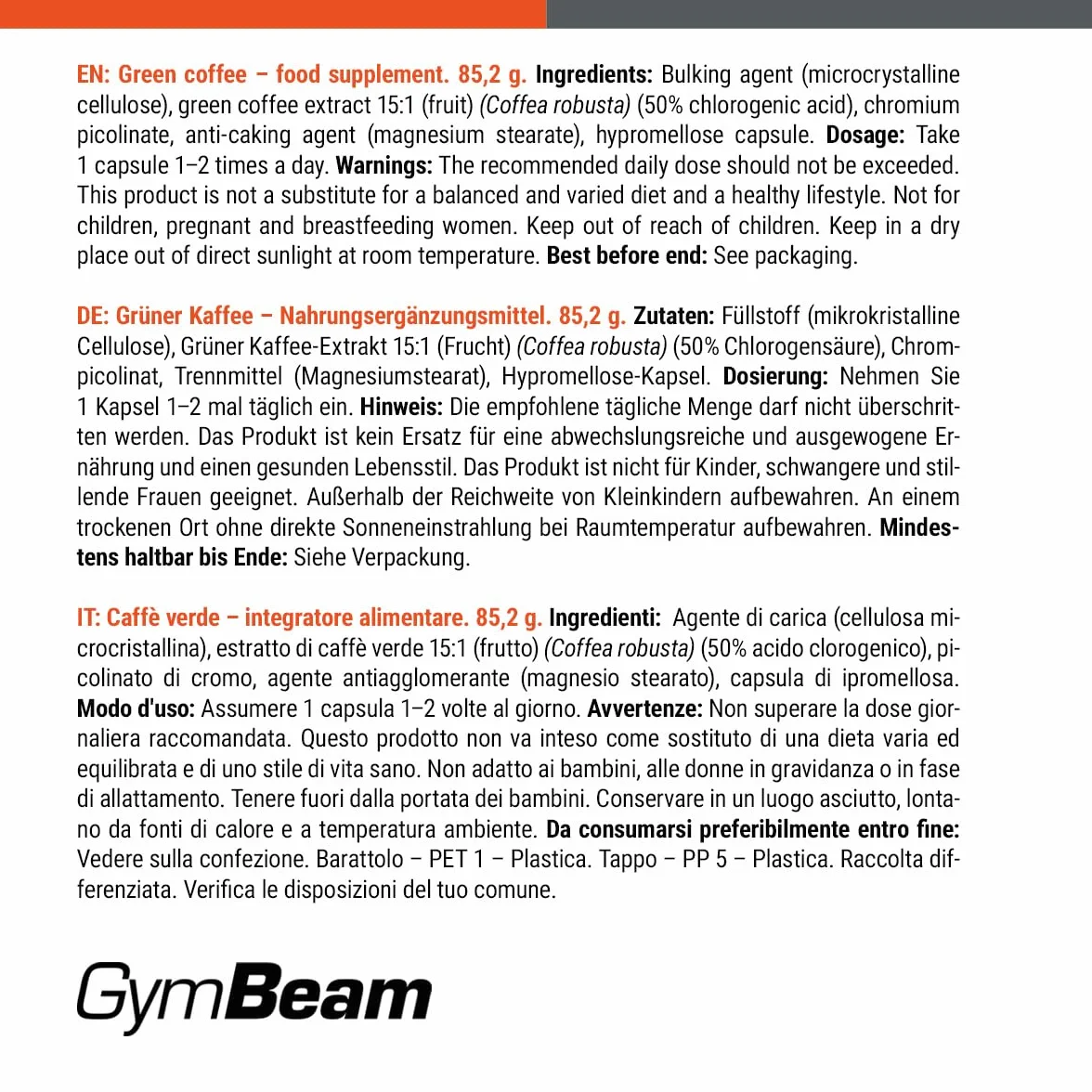 GymBeam Caffè Verde Estratto di Caffè Verde con Acido Clorogenico e Cromo Bruciagrassi Naturale 120 cps