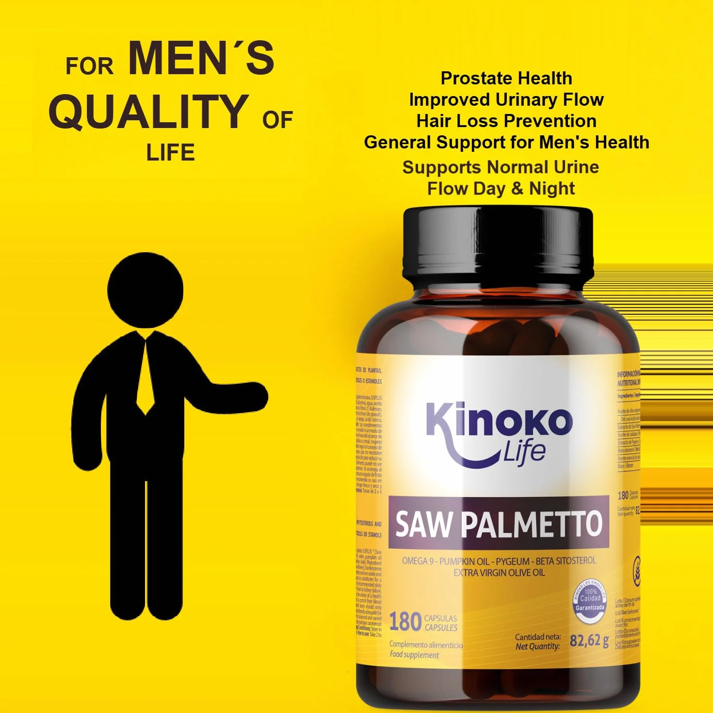 Kinoko Life Saw Palmetto 320 mg 180 capsule Estratto lipidosterolico puro 85-95% con Omega 9 Olio di Semi di Zucca Pygeum Africanum Serenoa Repens Capelli e Prostata