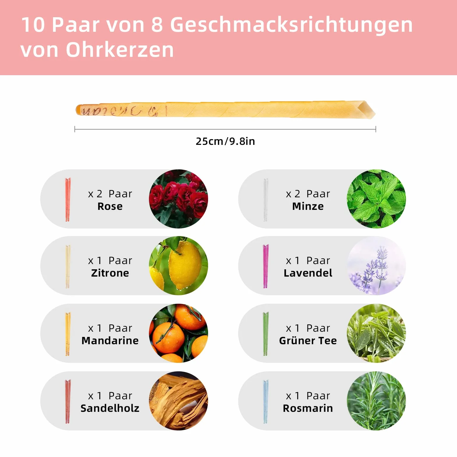 20 Pezzi 8 Diverse Fragranze Coni per Orecchie,25cm Cono Orecchie Cerume con 10 Dischi Protettivi e Tampone di Cotone,per Rimuovere la Cera Dell'orecchio,Relax e Pulizia