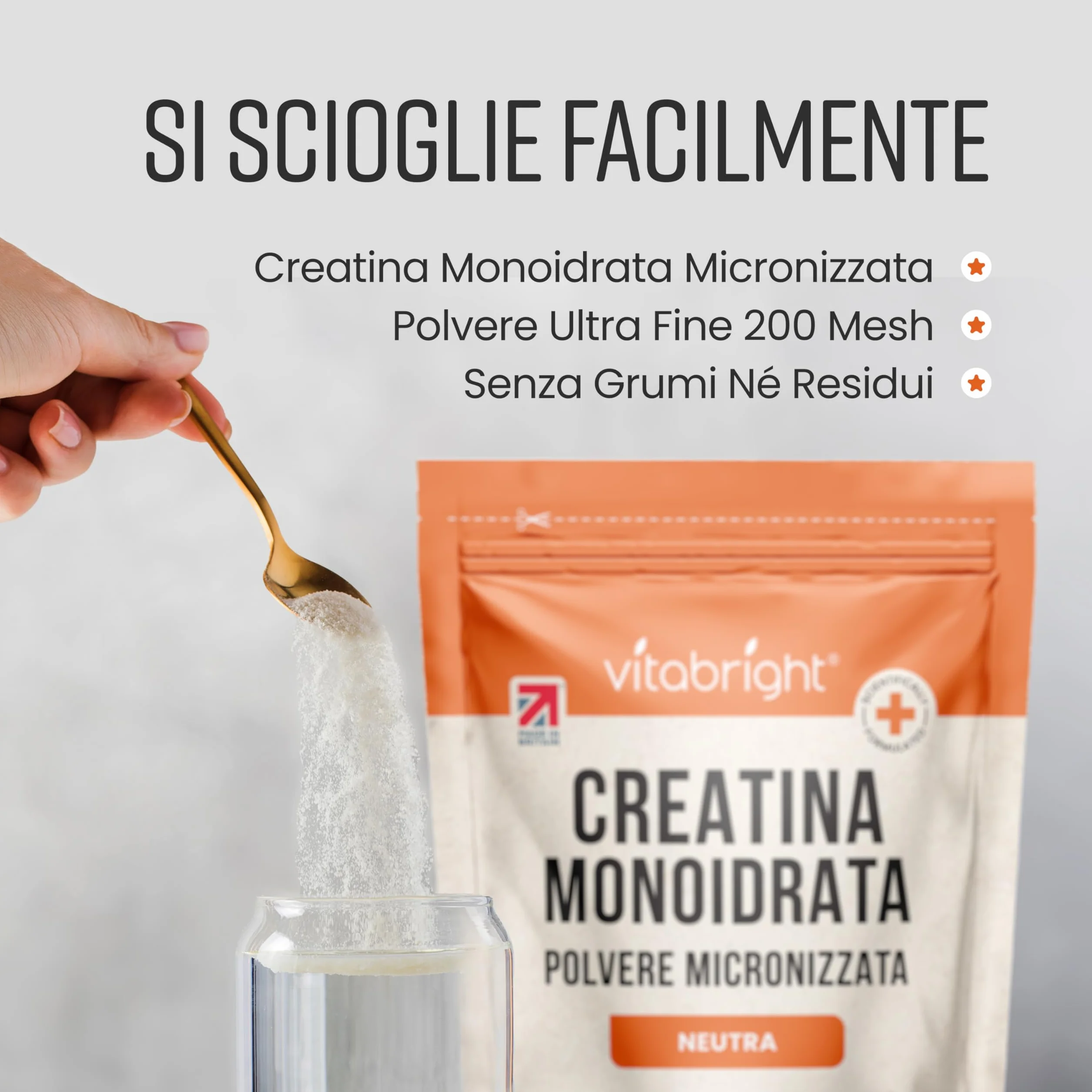 Vitabright Creatina Monoidrata in Polvere Micronizzata 400g 114 Porzioni 200 Mesh Rapido Scioglimento