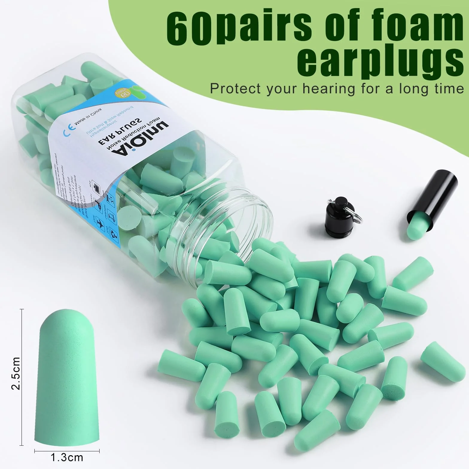 Tappi per dormire 38 dB SNR, 60 coppie, schiuma morbida, protezione dal rumore, verde