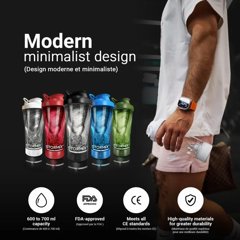 Stormix - Shaker elettrico | Mixer di alta qualità | Preparazione omogenea per proteine, pre Workout | Capacità 700 ml | Tritan e ABS, senza BPA | Basso volume sonore | Ricaricabile USB