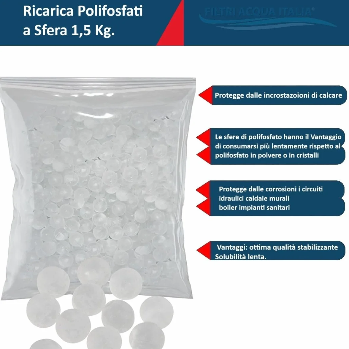 Polifosfati a Sfere 1,5 Kg Ricarica per Filtri Anticalcare Lavatrice Lavastoviglie Caldaia