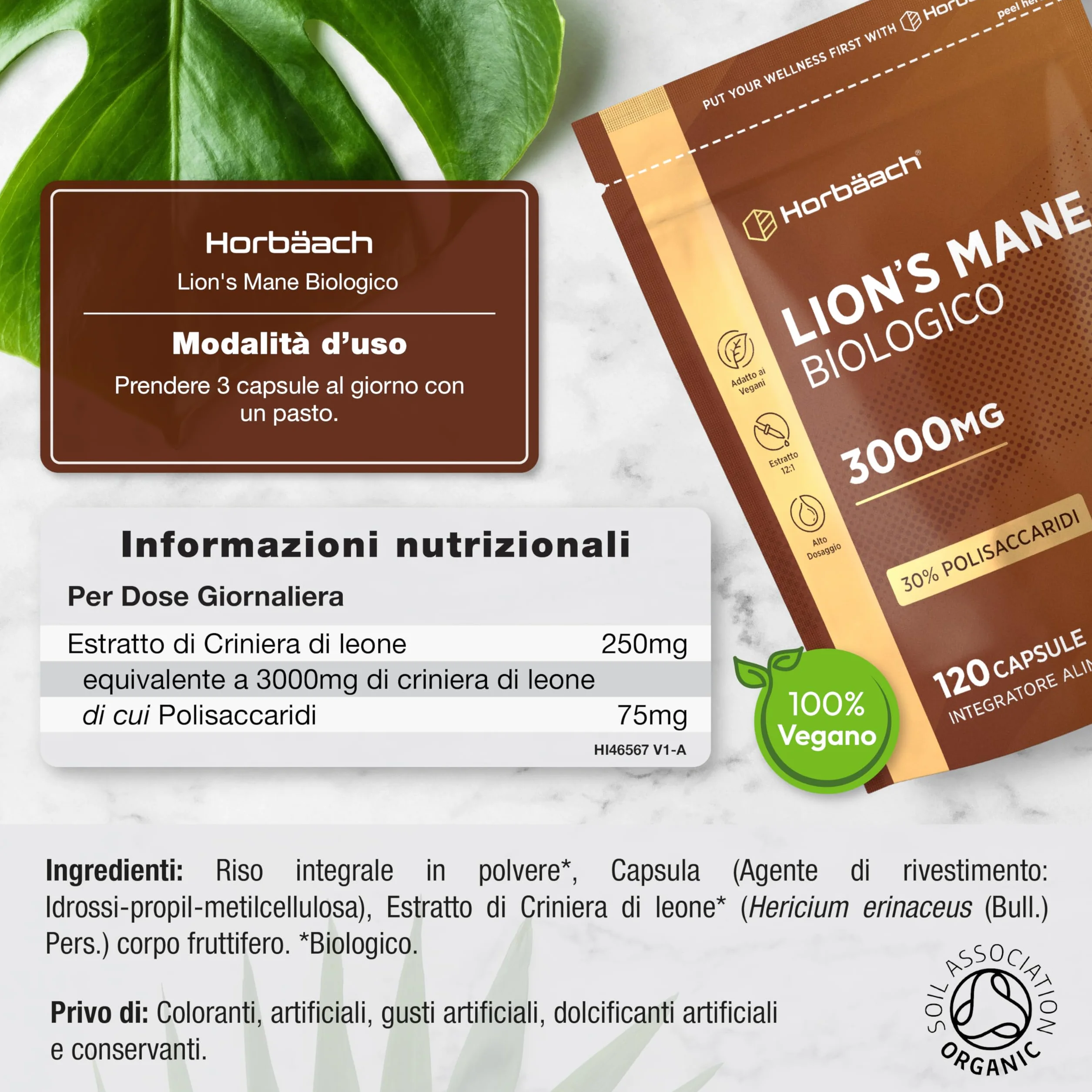 Lions Mane Bio 3000 mg | 120 Capsule Vegane | Hericium Erinaceus | Criniera di Leone Fungo Integratore | Estratto di Funghi ad Alto Dosaggio | Mushroom Supplement | Horbaach
