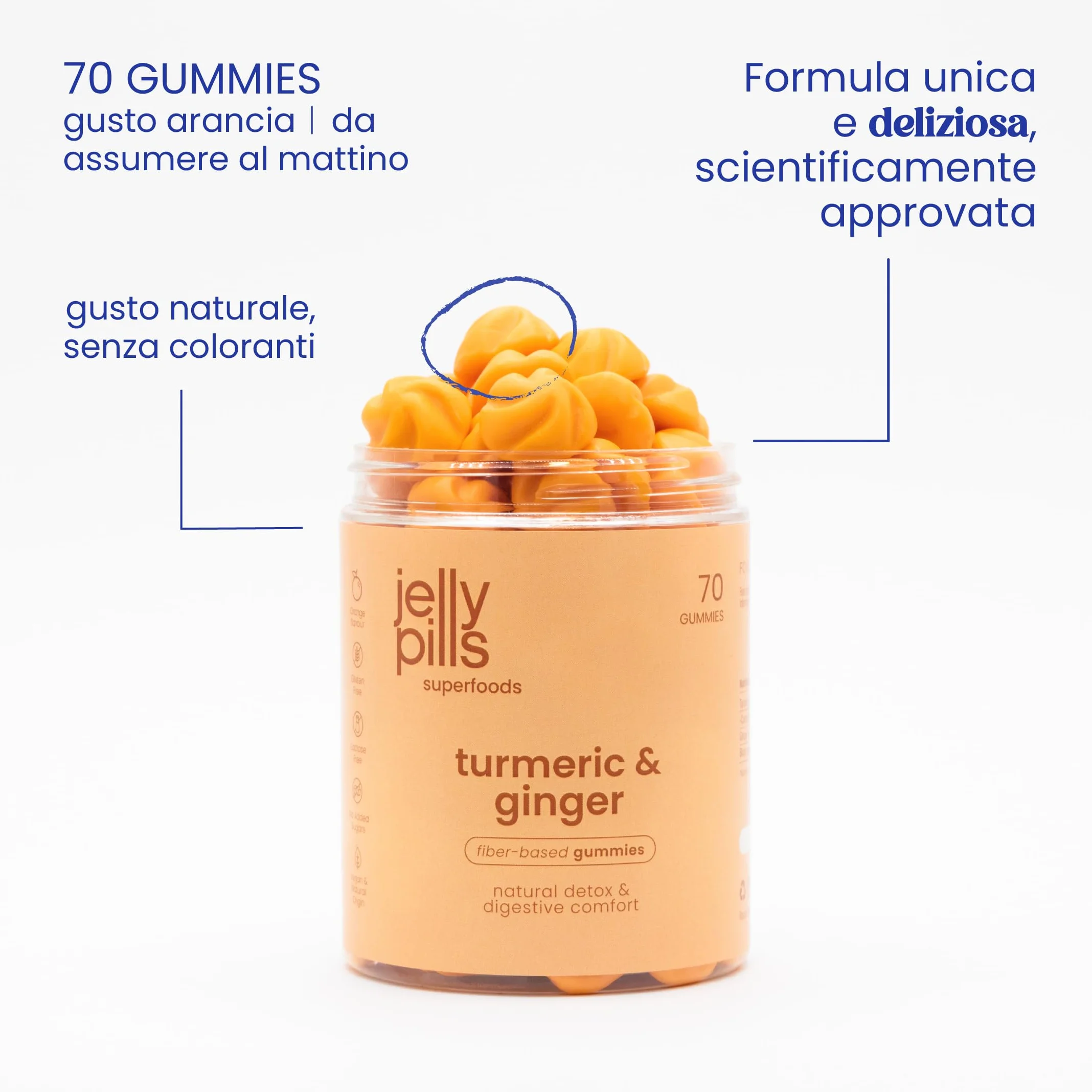 Jelly Pills Gommose Curcuma Zenzero Pepe Nero 70 Gummies Vegane Senza Zuccheri Aggiunti Gusto Arancia Naturale Salute Digestiva