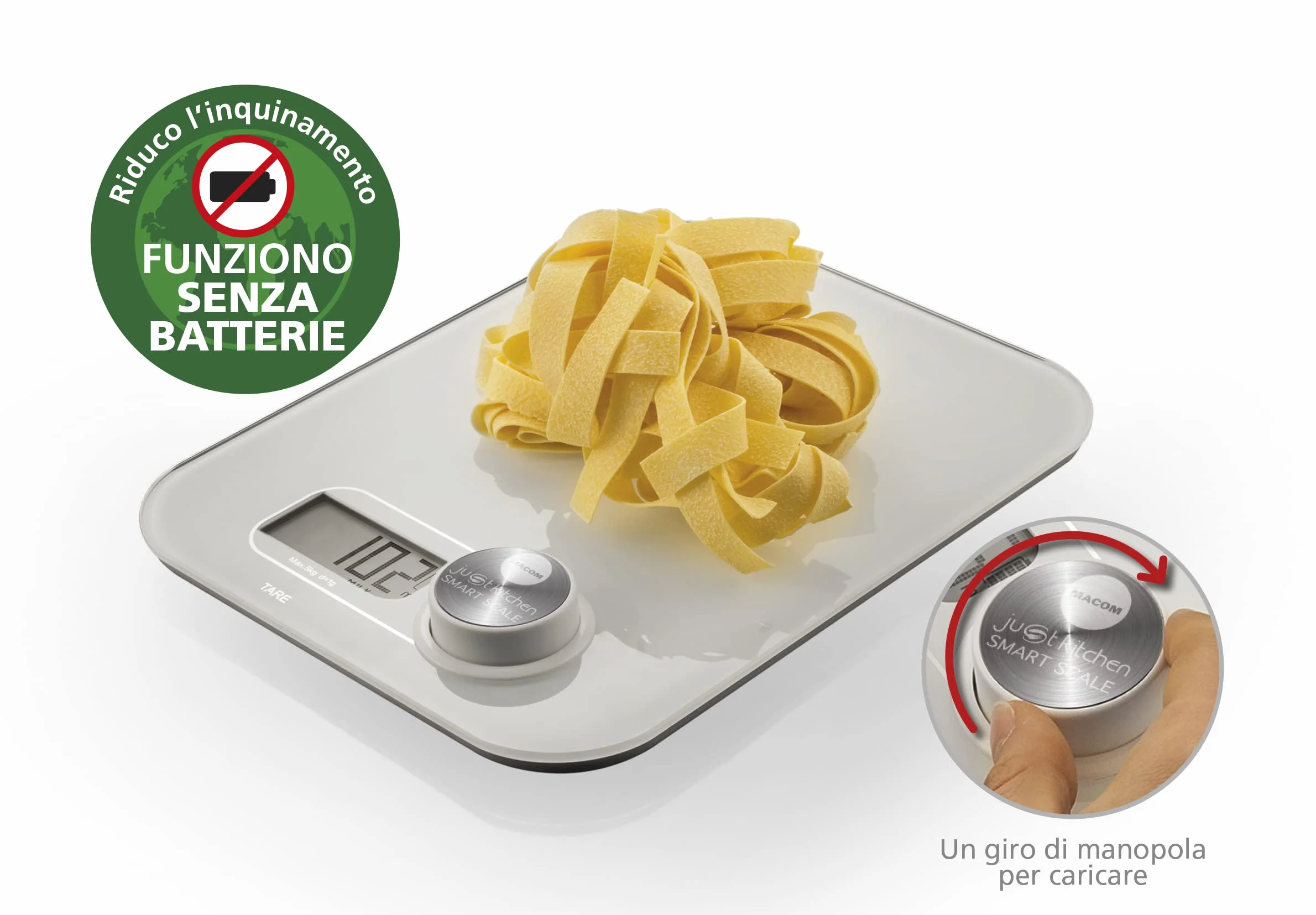 MACOM, Bilancia Elettronica per Alimenti senza Batterie, Bianco, Just Kitchen 868 Smart Scale