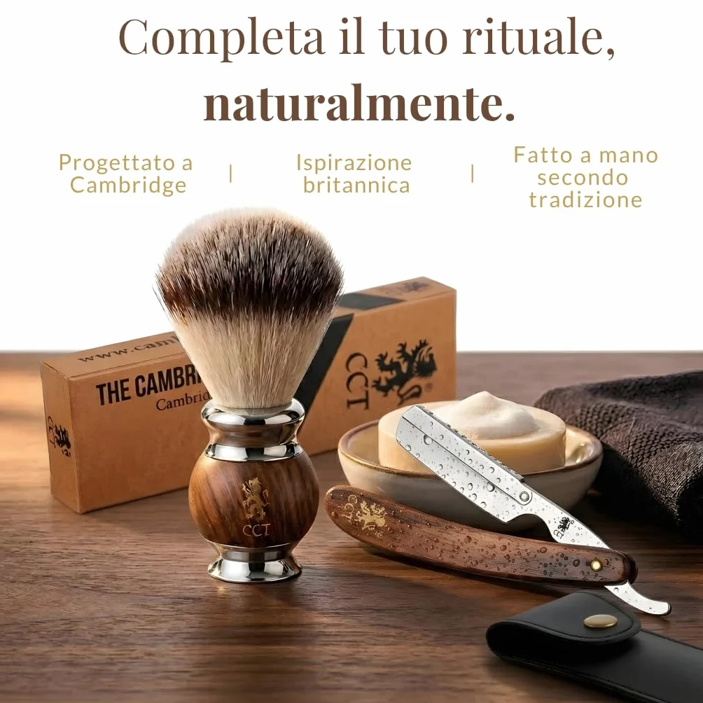 Pennello da Barba The Cambridge Cutthroat Vegana Setole Sintetiche di Tasso Regalo per Rasatura da Uomo Pennello Barba Premium in Legno e Acciaio Inossidabile
