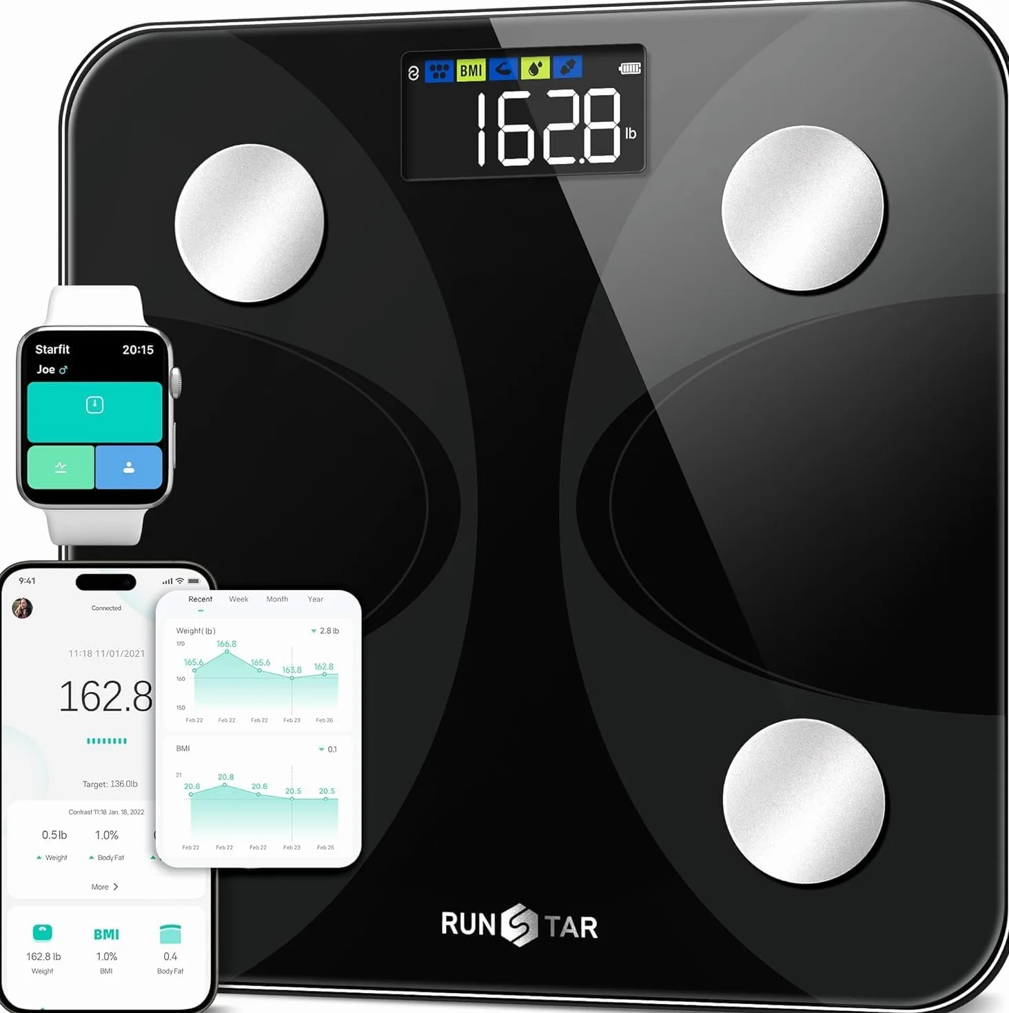 RunStar Bilancia pesapersone smart digitale con display, analizzatore composizione corporea 13 dati Sync App