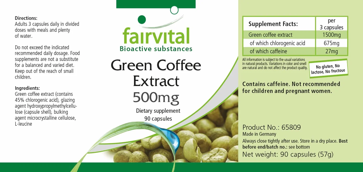 Fairvital Estratto di caffè verde 500 mg 90 capsule alto dosaggio standardizzato 45% acido clorogenico vegano