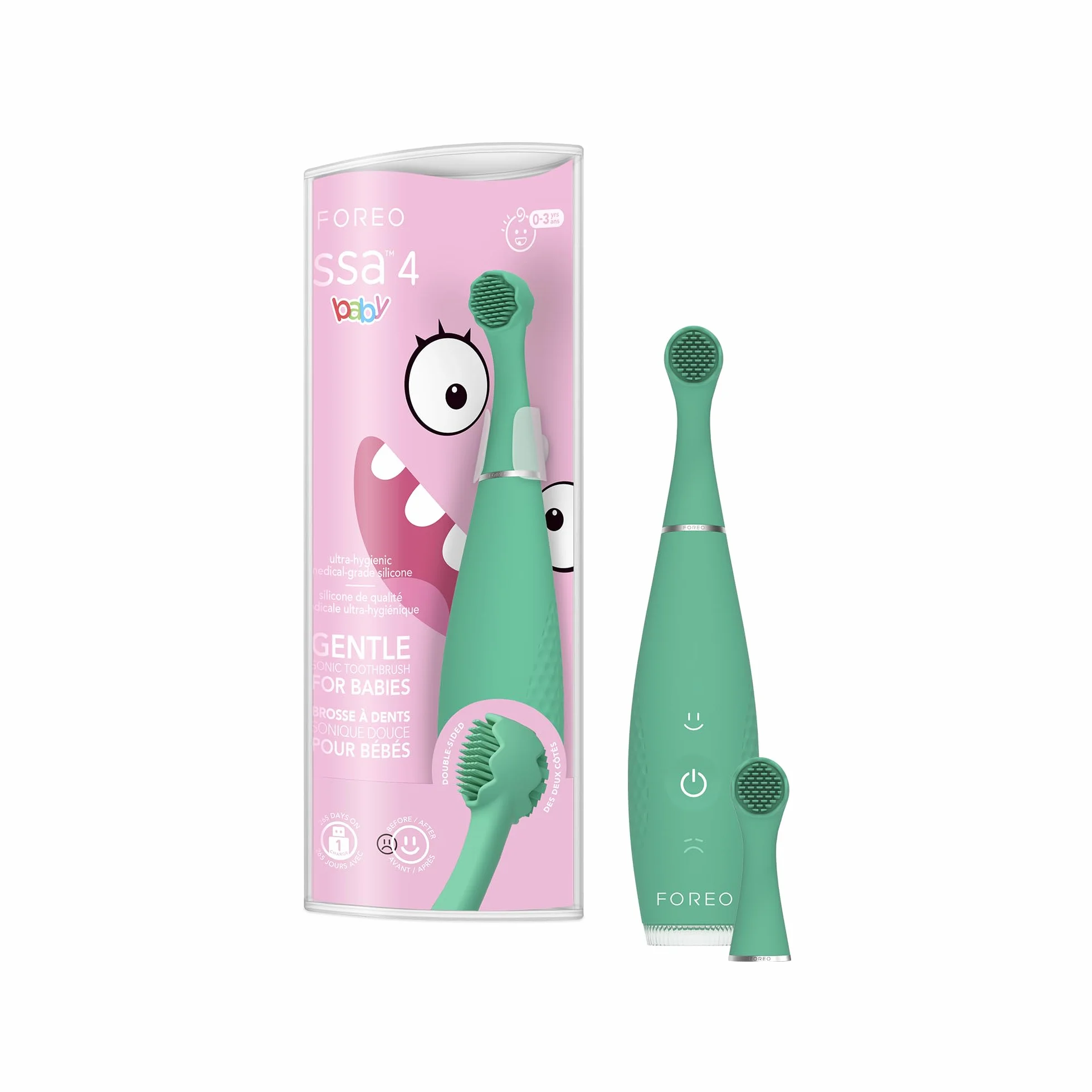 FOREO issa 4 baby – Set spazzolino elettrico sonico in silicone per bambini, setole bifacciali, pulizia denti, massaggio gengivale, 12 mesi di cura con testina extra, 240 giorni batteria, portatile