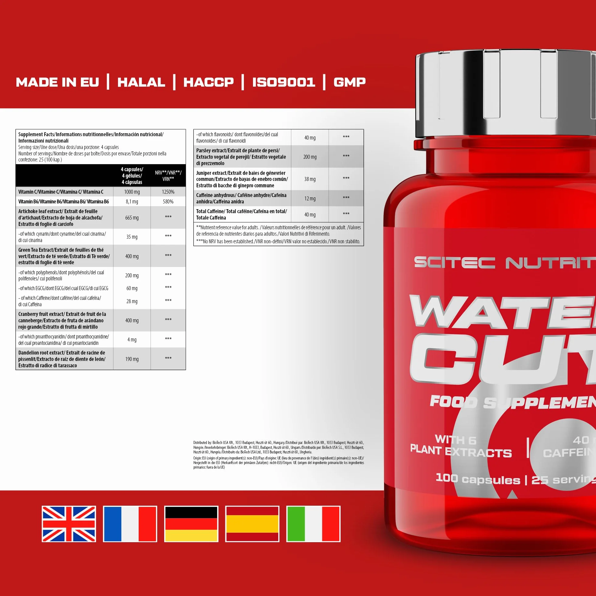 Scitec Nutrition Water Cut, Rinforzo energetico con vitamina C e B6, Estratto di tè verde, Riduzione della stanchezza e supporto del sistema immunitario, Integratore diuretico naturale, 100 Capsule