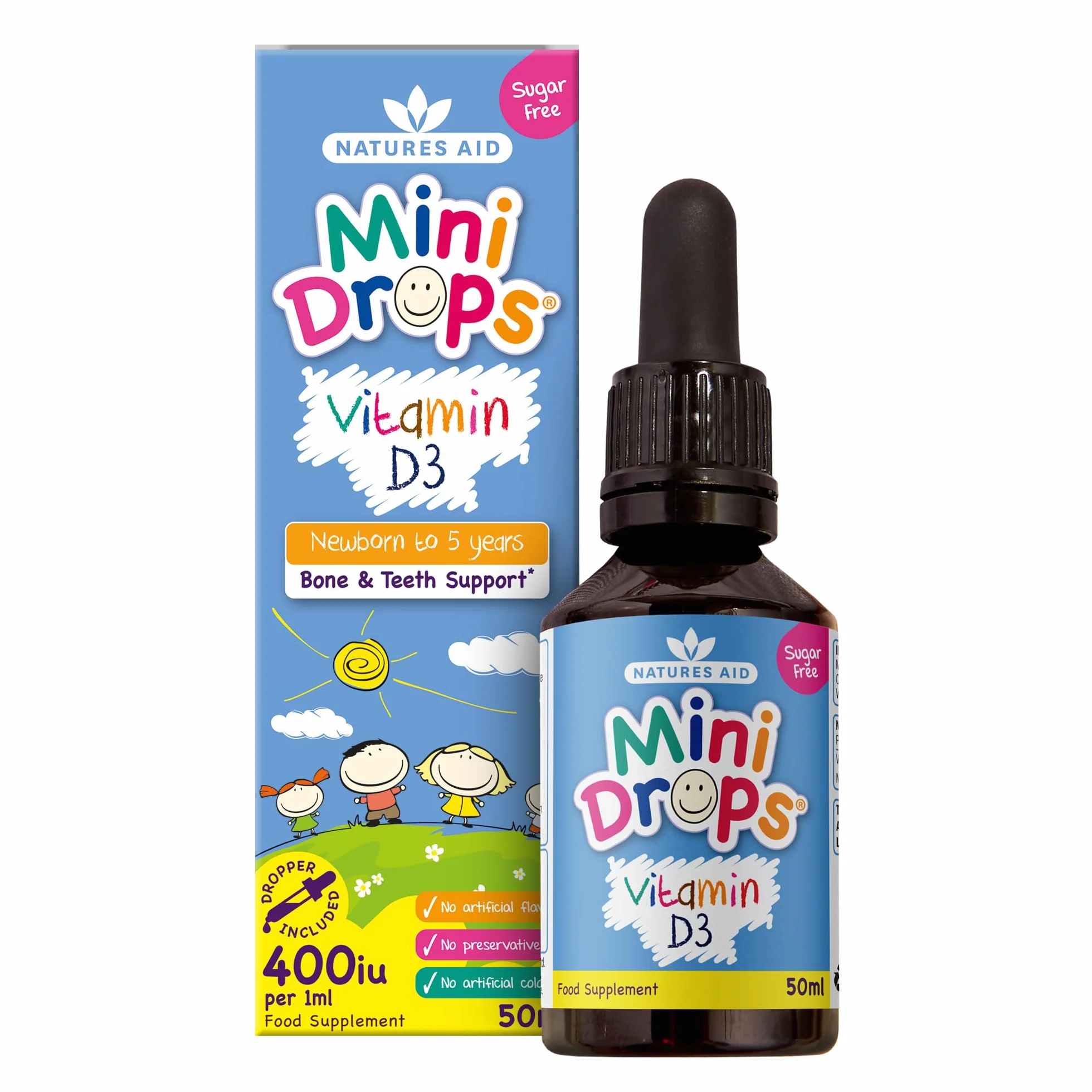 Natures Aid Mini Drops Vitamina D3 50ml per Neonati e Bambini, Supporto per Ossa, Denti e Sistema Immunitario, Senza Zucchero, Vegano, Senza Glutine, Sostegno alla Crescita per Bambini da 0 a 5 Anni