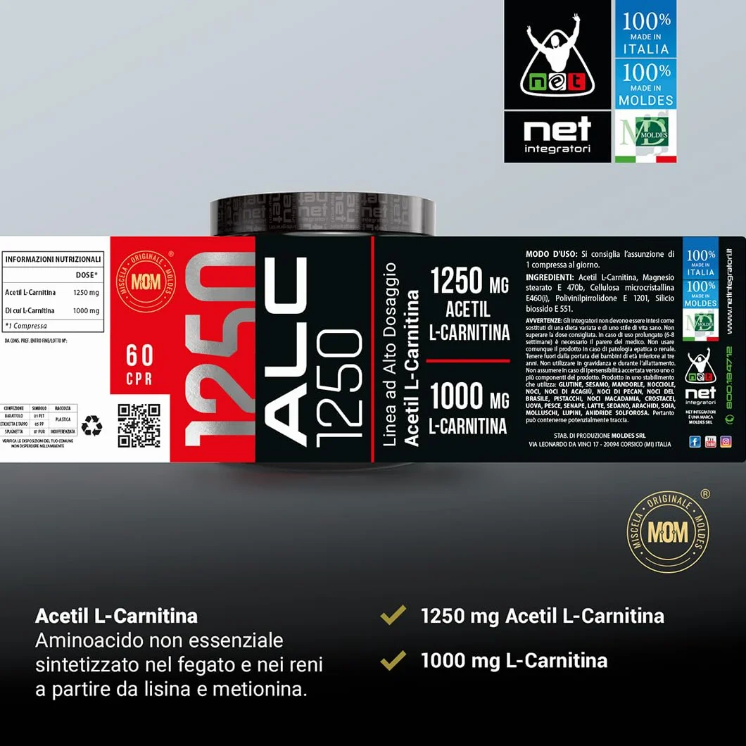 Net Integratori ALC 1250 60 compresse Integratore Acetil L-Carnitina Alto Dosaggio Pre Workout