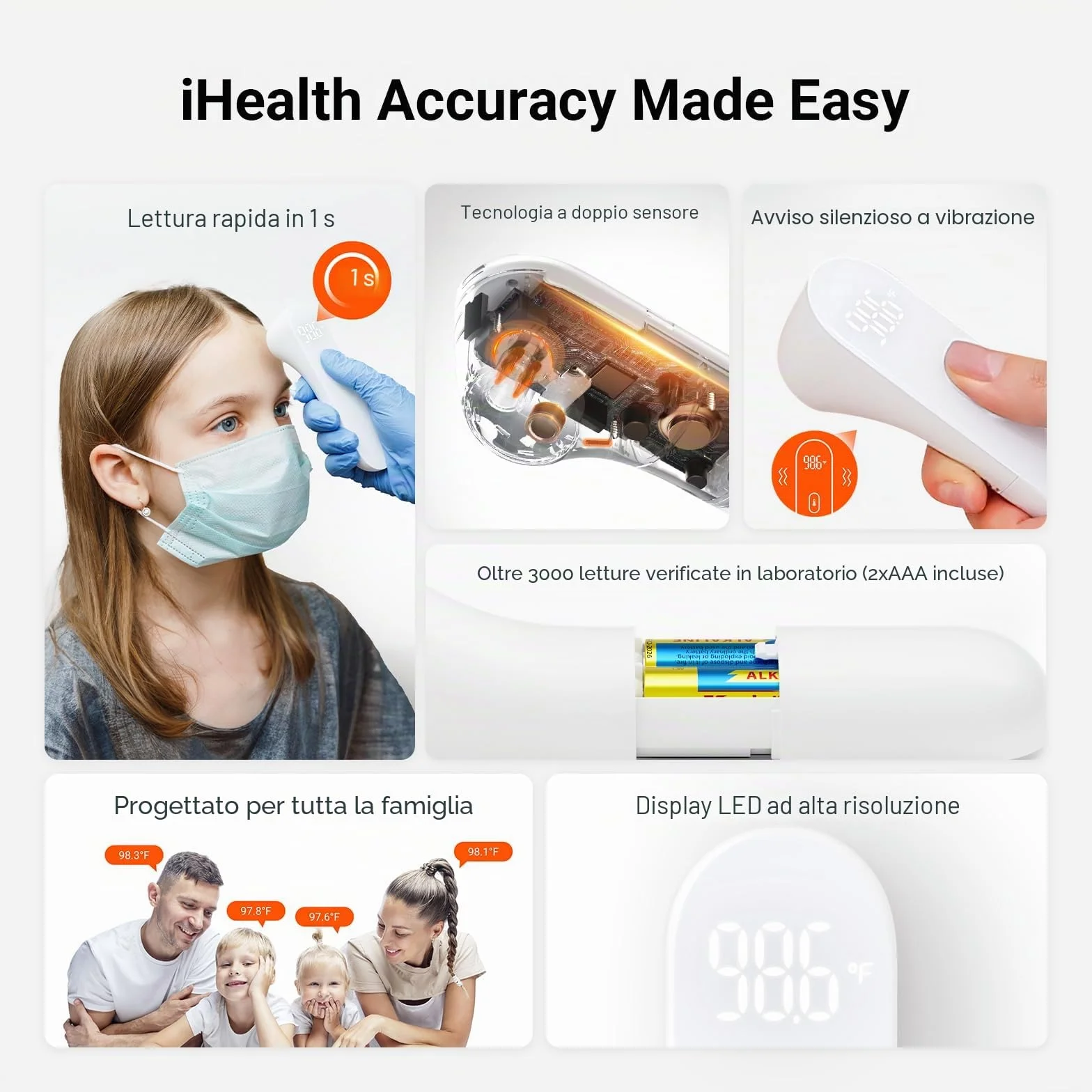 iHealth termometro della fronte a infrarossi digitale senza contatto per adulti e bambini con 3 sensori