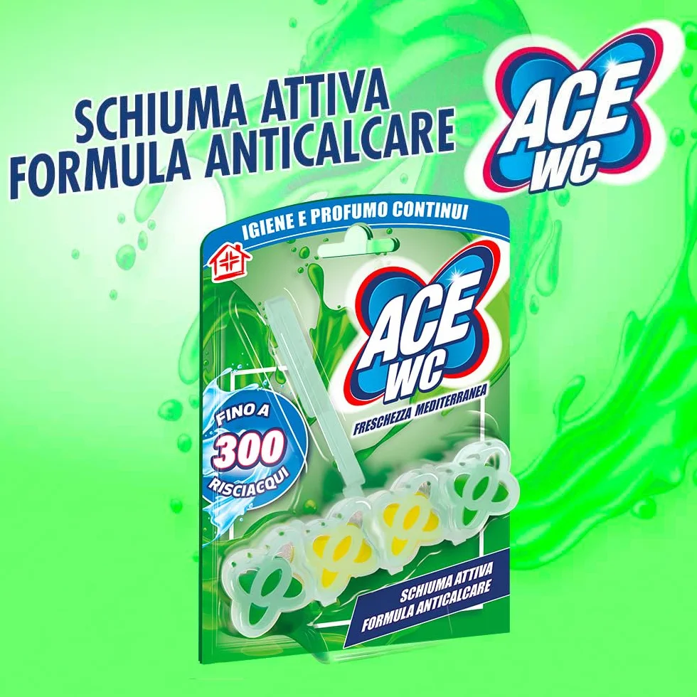 ACE Tavoletta WC Anticalcare Freschezza Mediterranea – Detergente WC con Schiuma Attiva, Profumo Agrumato, 12 Pezzi
