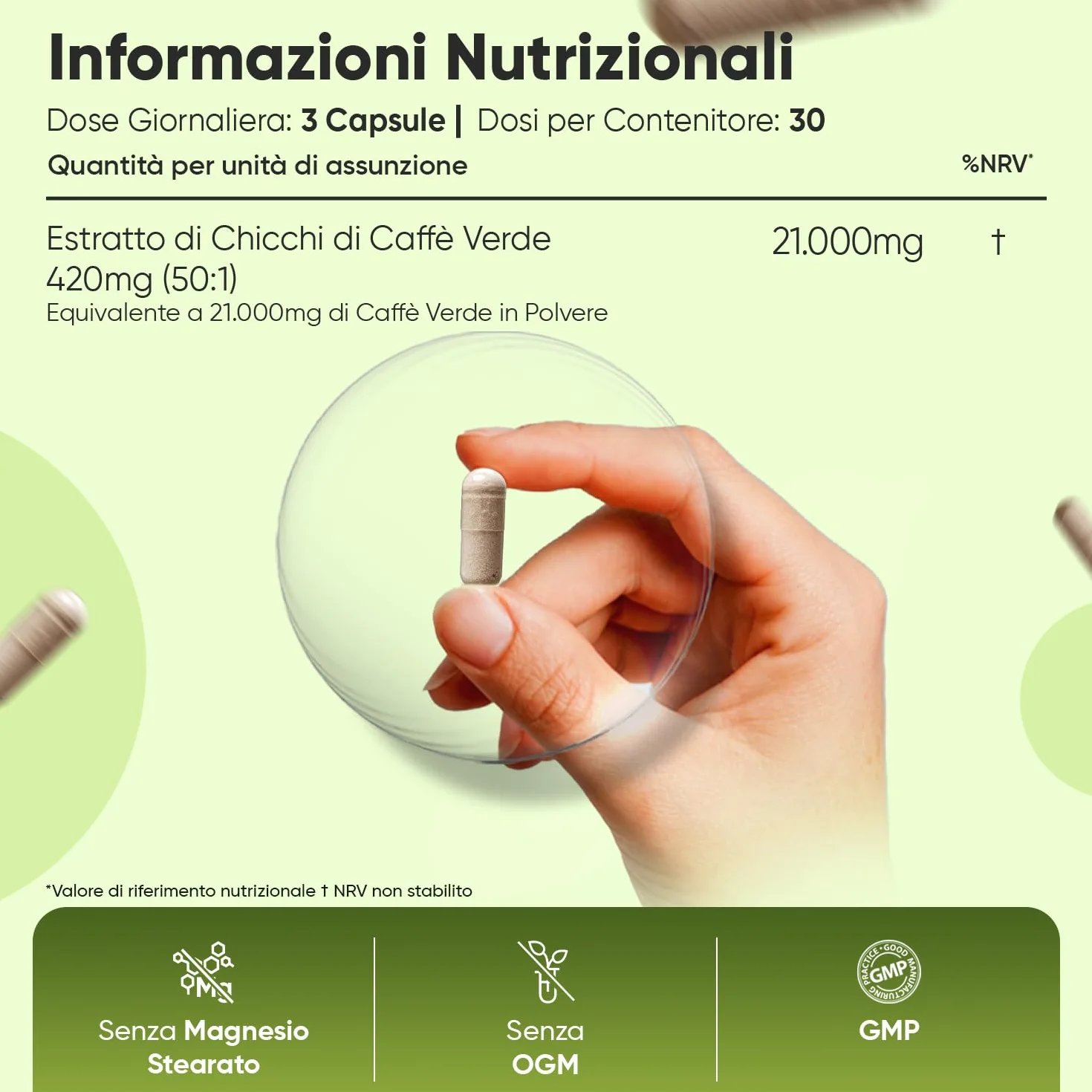 Caffè Verde Puro Vegano 21.000mg Estratto 50:1 CGA 90 Capsule Coffea Arabica Green Coffee Beans Bez OGM Prodotto Europa