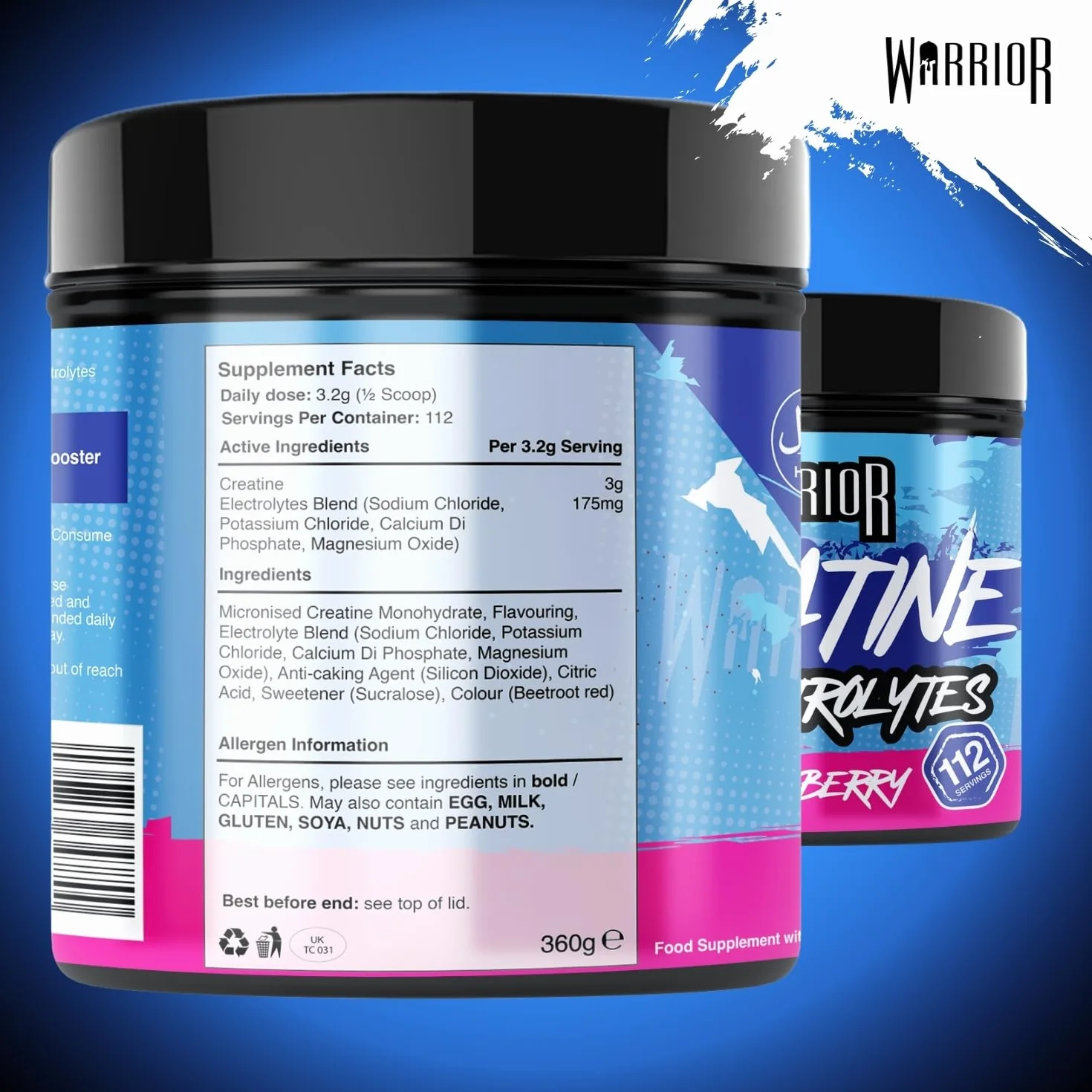 Warrior Creatina Monoidrata + Elettroliti Polvere 360 g, 80 Porzioni – Creatina in Polvere con Sali Minerali, Intra Workout per Massa, Idratazione e Sport, Senza Zucchero – Mix di Frutti di Bosco