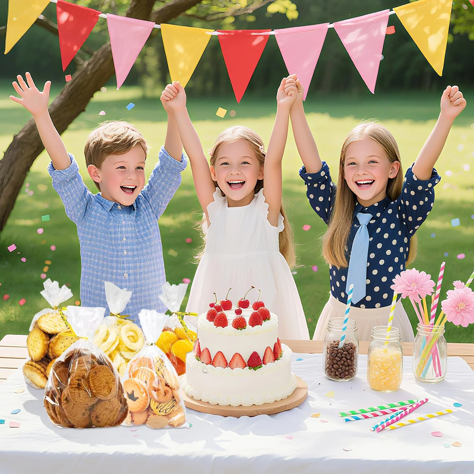 100 Pezzi Sacchetti Trasparenti per Confezioni 25x15cm, Bustine Cellophane per Pane Fresco Caramelle, Biscotti, Frutta, Gioielli con 100 Bande Metalliche per Feste Matrimonio Compleanno Bambini Regalo