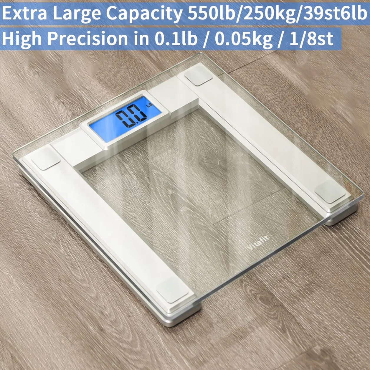 Vitafit 250kg Bilancia Pesapersone Digitale Intelligent con Peso e BMI, Professionale Bluetooth Bilancia Pesa Persona Digitale con App, vetro temperato da 8 mm con piattaforma extra larga, argento
