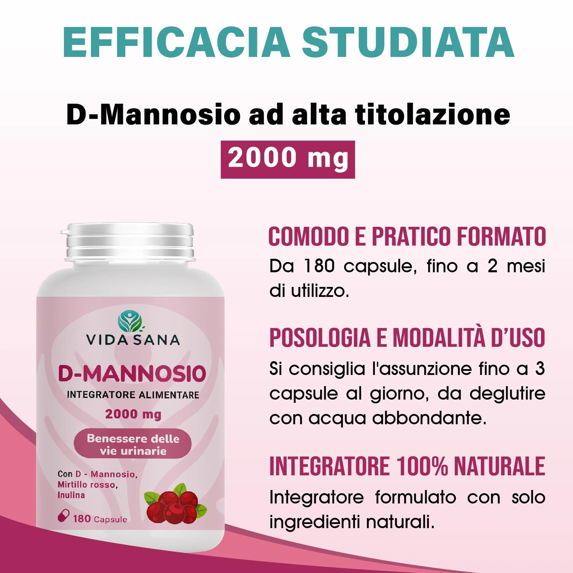 D-Mannosio Puro 2200 mg con Mirtillo Rosso 180 Capsule Integratore per Vie Urinarie e Cistite