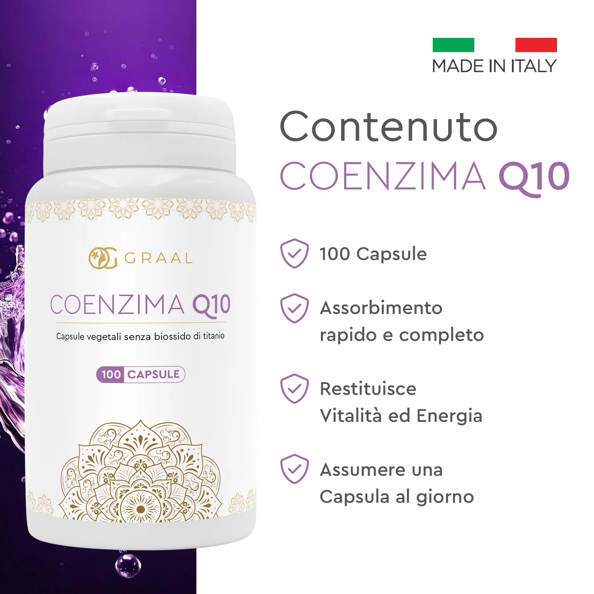 Graal Coenzima Q10 Migliore - Ubidecarenone (forma ossidata dell'Ubiquinolo) Naturale per Energia Cellulare, Azione Antiossidante, Contro l'Invecchiamento Cellulare e lo Stress Ossidativo