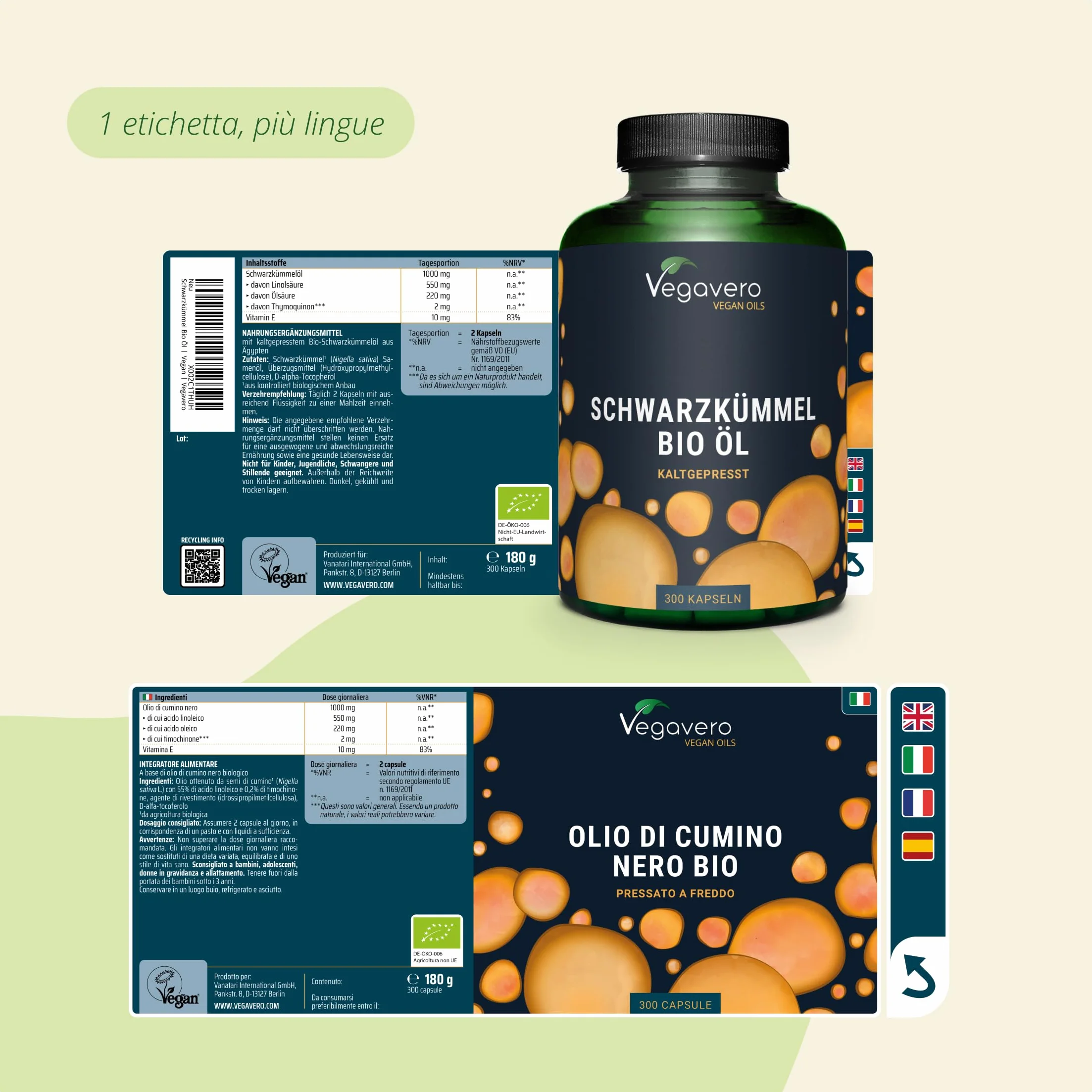 Olio di Cumino Nero BIO 1000 mg Vitamina E 300 capsule Vegan Vegavero®