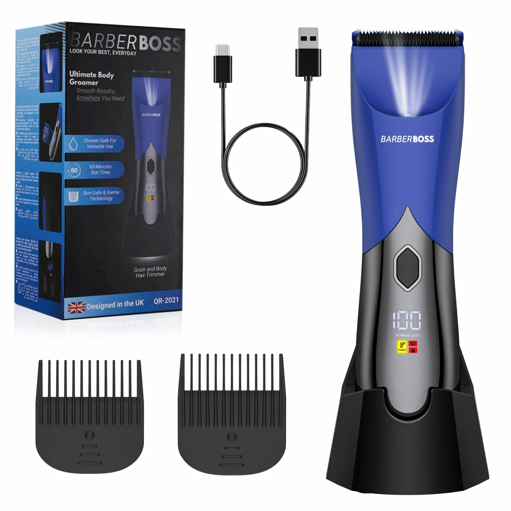BarberBoss rasoio elettrico corpo uomo, rasoio corpo intimo ricaricabile, impermeabile, delicato per inguine e peli pubici, blocco viaggio