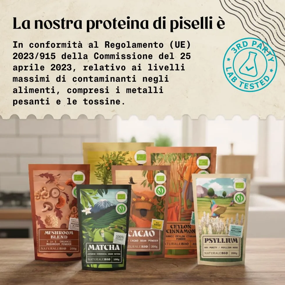 NaturaleBio Proteine di pisello 450g. Vegane, biologiche e non OGM. Ipoallergeniche e facilmente digeribili. Per la gestione del peso, il recupero e la crescita muscolare.