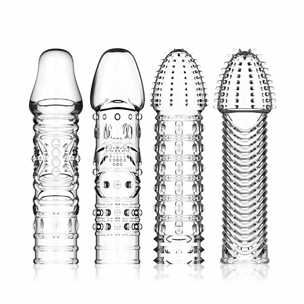 Confezione da 4 custodie spesse in silicone trasparente, riutilizzabili, per stimolazione intensiva del pene e miglioramento dell'erezione