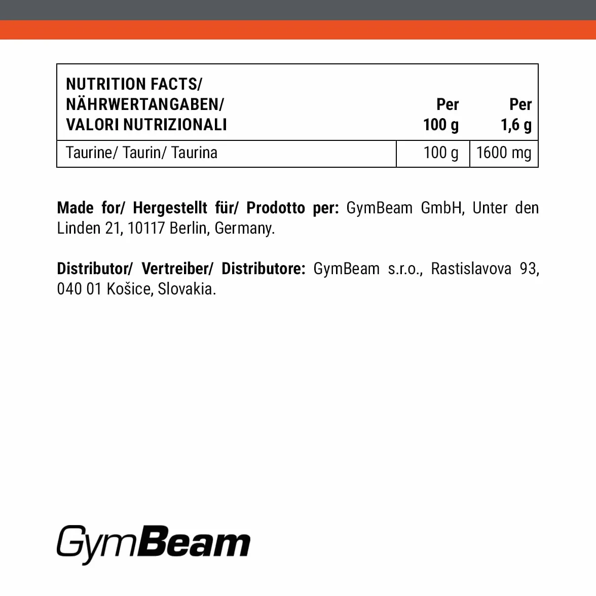 GymBeam Taurina Integratore Polvere Solubile Pura 100% per Bevande Energetiche Pre-Workout Vegani Atleti (500 g)