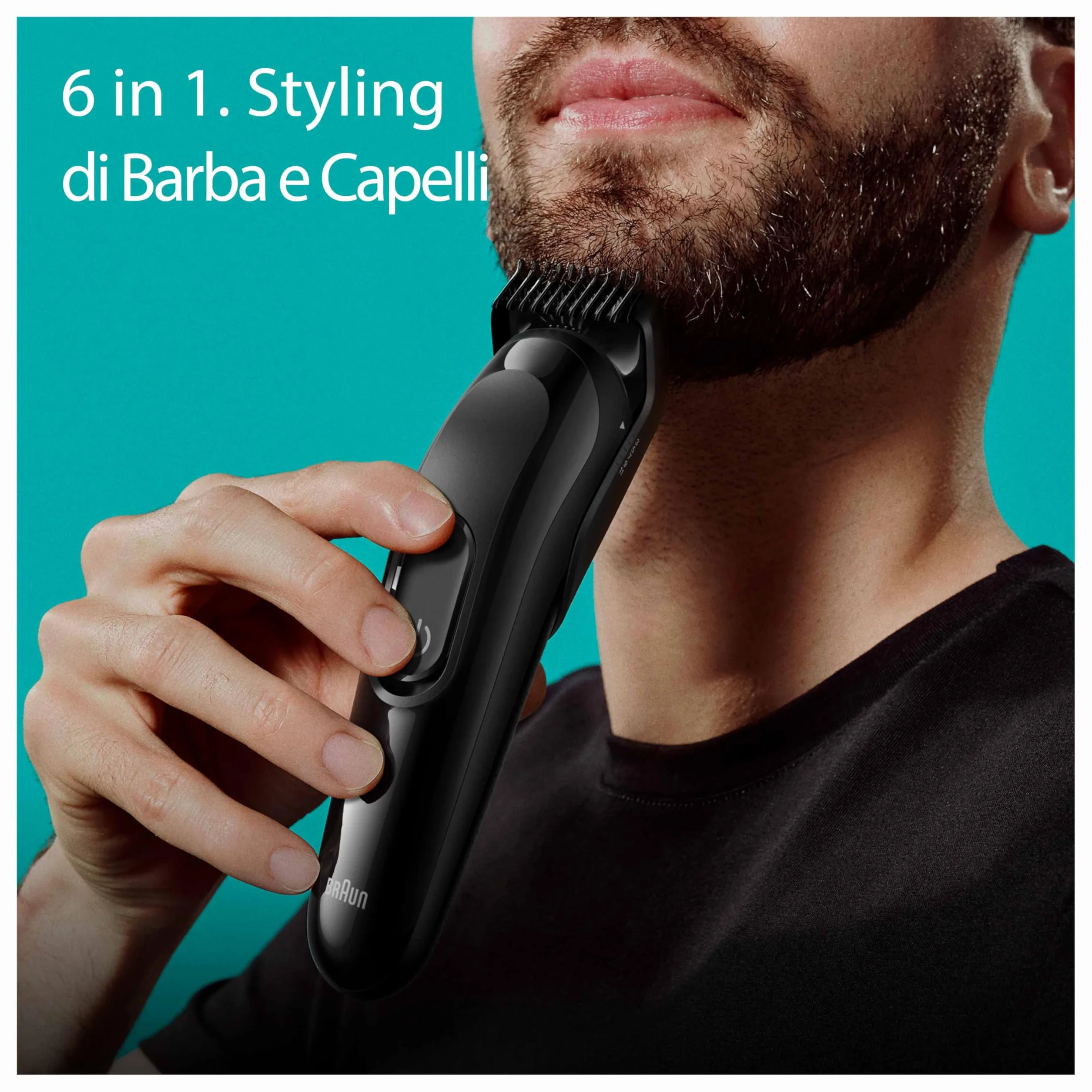 Braun REGOLABARBA Tagliacapelli Uomo, Rasoio Elettrico Barba e Capelli, 6-In-1 Styling Kit Ideale per Barba, Capelli, 50 Minuti Di Utilizzo Senza Fili, MGK3410