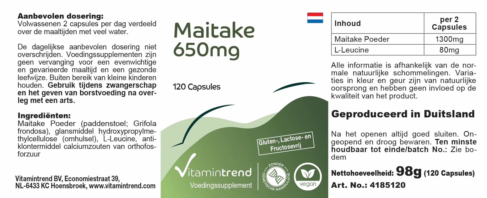 Vitamintrend Polvere di Maitake 650 mg, 120 capsule, ad alto dosaggio, adattogeno, integratore alimentare vegano senza stearato di magnesio, prodotto in Germania