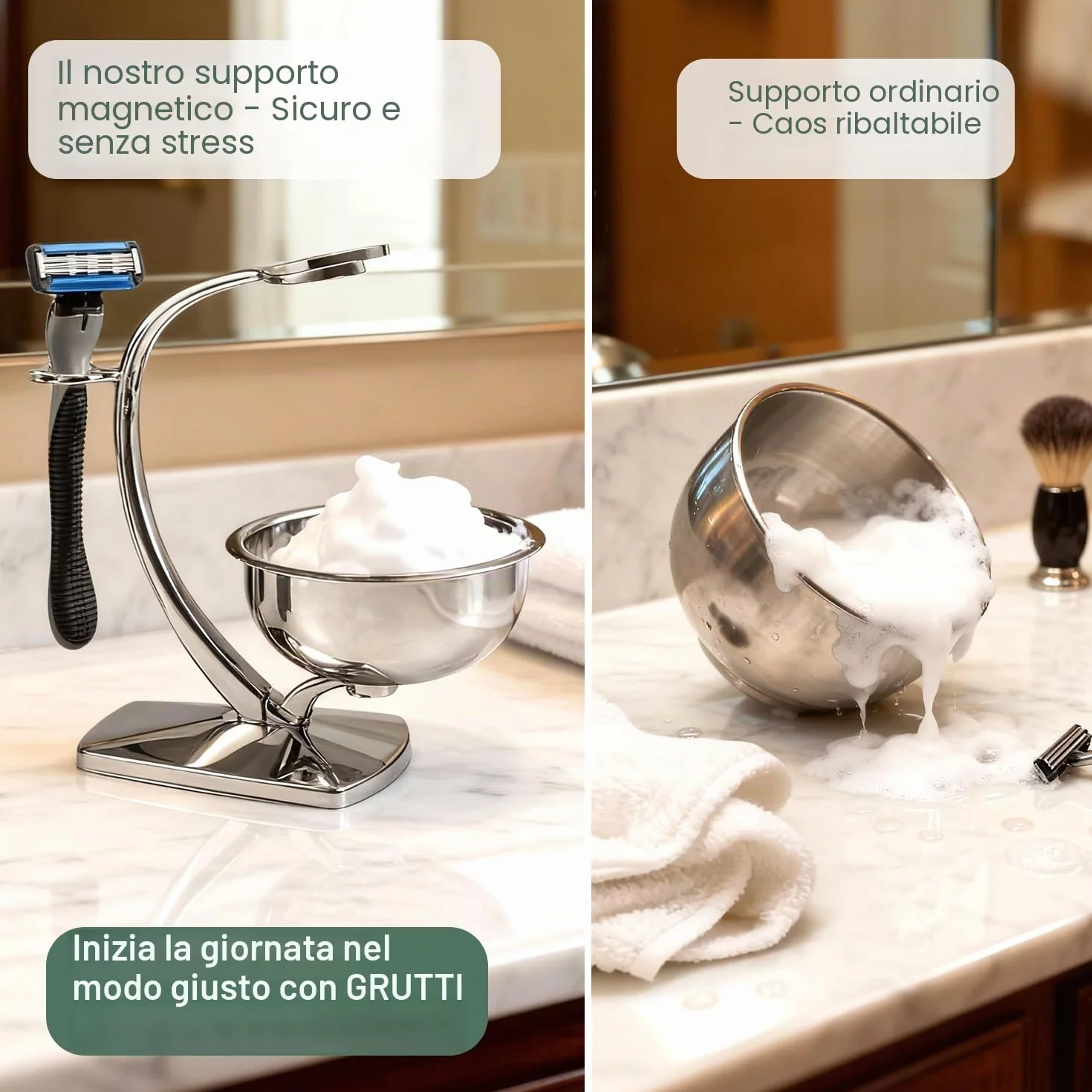 GRUTTI Set di Rasatura 2 in 1 per Uomini - Supporto Magnetico + Ciotola in Acciaio Inox, Compatibile con Rasoi Manuali (Senza Spazzola)