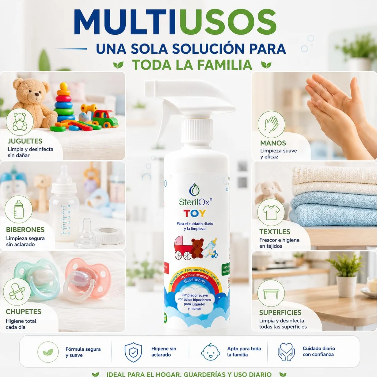 Spray detergente naturale 500 ml con acido ipocloroso per giocattoli bambini