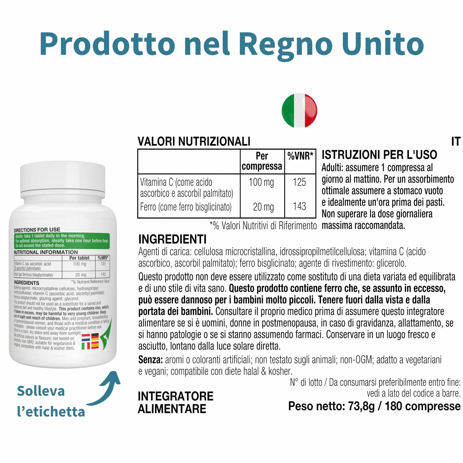 Igennus Ferro Bisglicinato 20mg con Vitamina C 100mg, Alto Assorbimento e Rilascio Mirato, Delicato sullo Stomaco, Integratore Ferro per Stanchezza, Ingredienti Puri, 180 Compresse Vegane, 1 al giorno