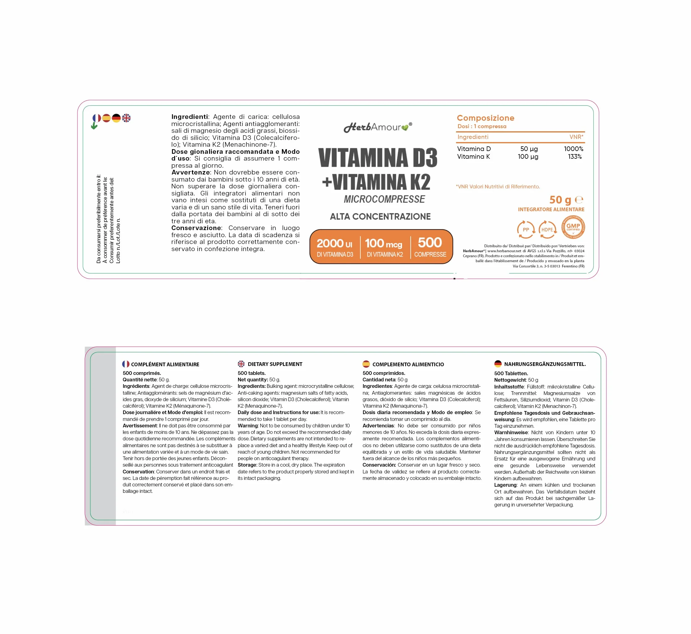 VITAMINA D3 K2 (Dura 1 anno e 4 mesi) 500 Micro-Compresse Alto Dosaggio e Assorbimento I Vitamina D3 Da 50 µg Da 2.000 U.I. + Vitamina K2 Da 100 µg | Senza Glutine, Lattosio, Zuccheri e Soia