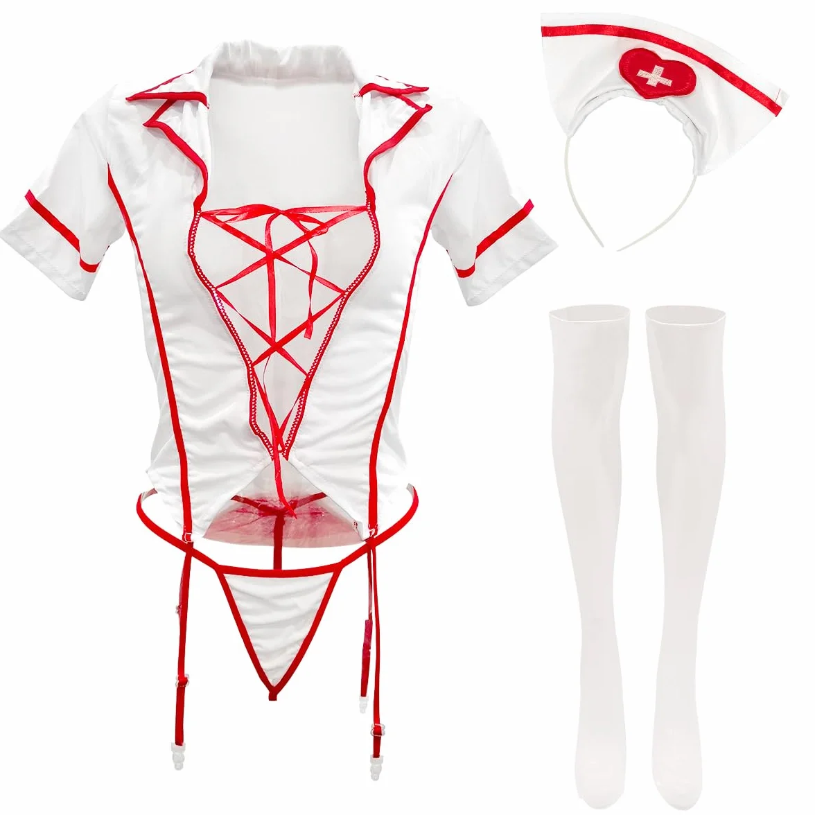 Set Lingerie Sexy Infermiera Cosplay, Babydoll Biancheria Notte, Mini Vestito Costume San Valentino