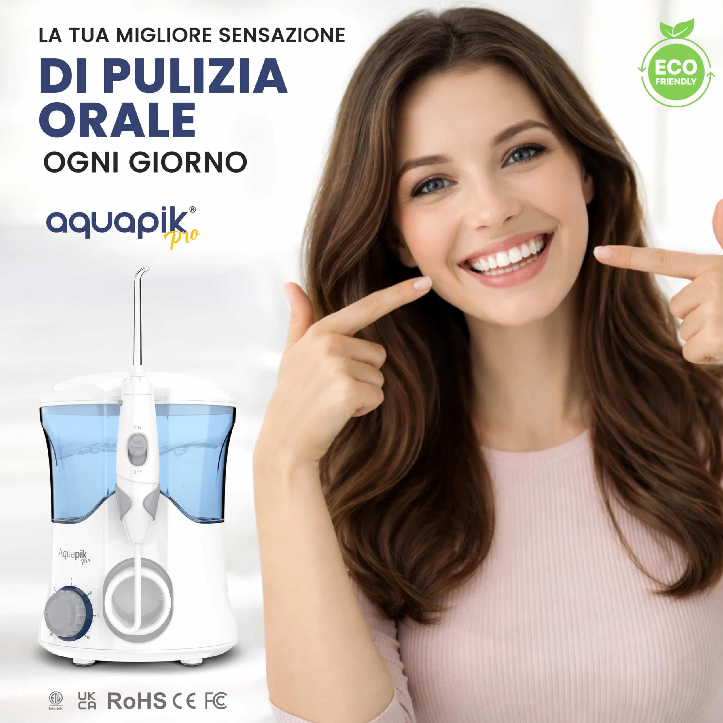 Aquapik PRO Idropulsore Dentale da Tavolo, Irrigatore Orale 600 ml con 8 Ugelli e 10 Livelli di Pressione, Ugello Rotante 360°, per Pulizia Interdentale, Apparecchi e Impianti, Bianco