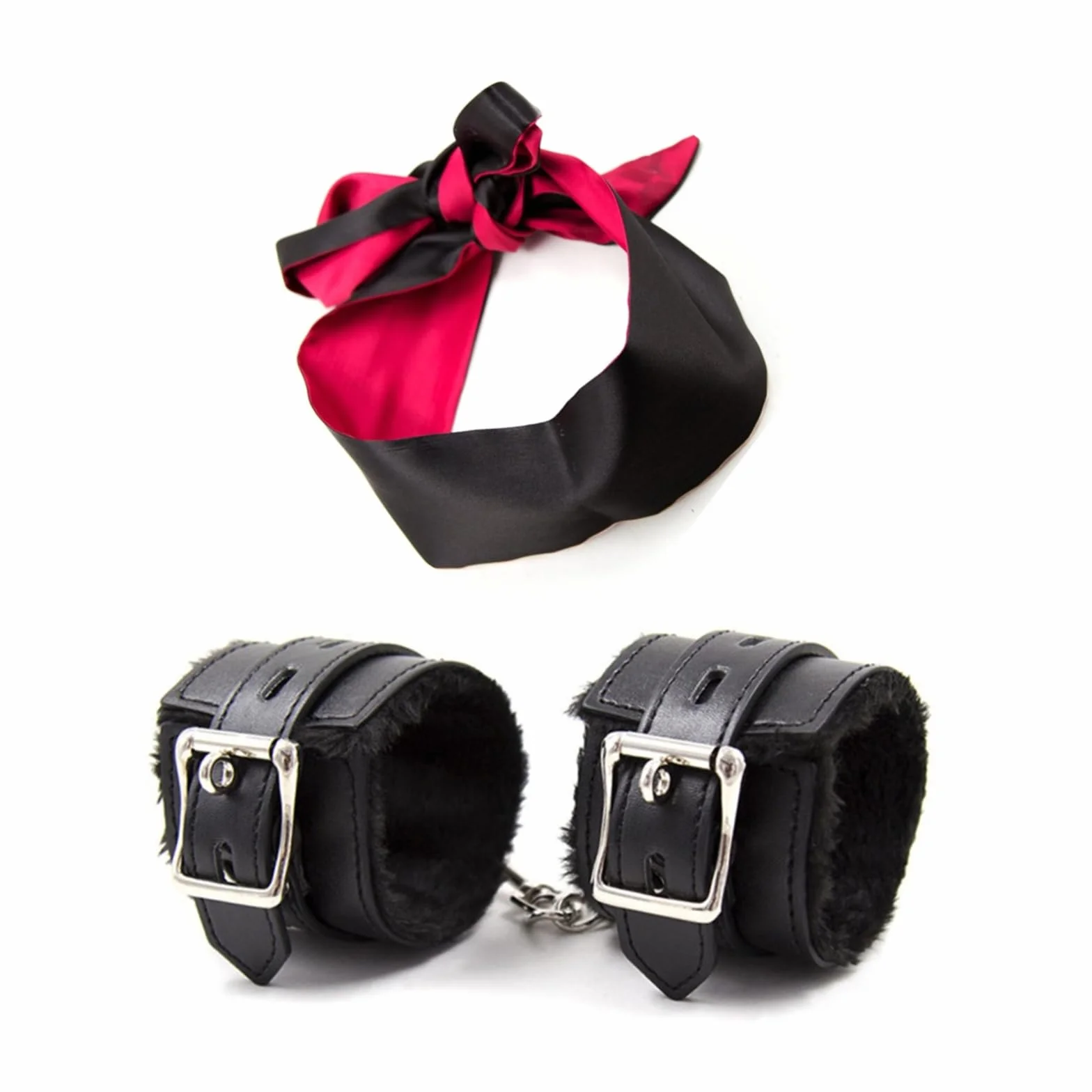 Kit Benda e Manette in Raso - Maschera Occhi Nera e Bracciale Regolabile (Nero)
