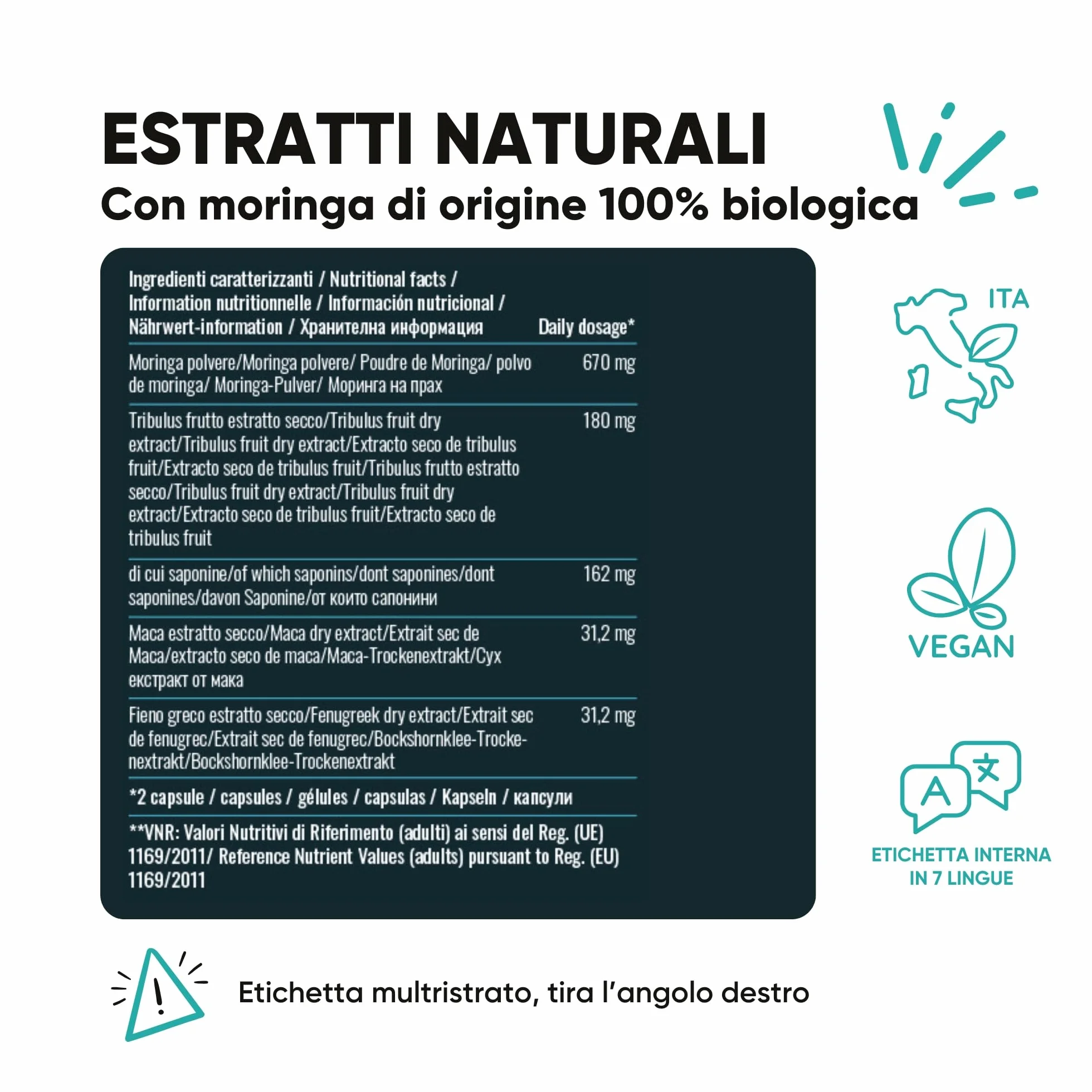 Tribulus Terrestris 90% Saponine Maca Fieno Greco Integratore Energia Booster Moringa BIO Massa Muscolare 60 Capsule RedMoringa®