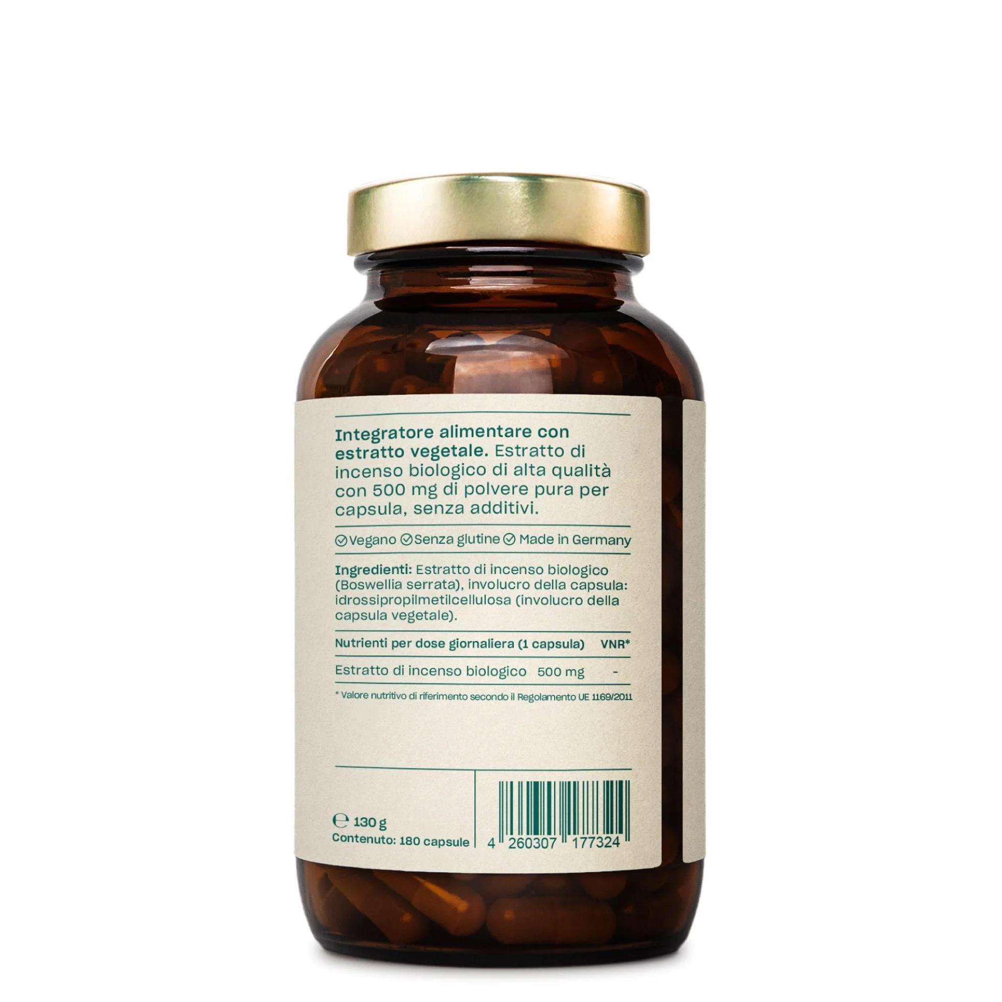 Capsule di incenso biologico - 180 capsule ad alto dosaggio / 500 mg di estratto di incenso biologico per dose giornaliera/Integratore alimentare ayurvedico di alta qualità/Vegano e sostenibile