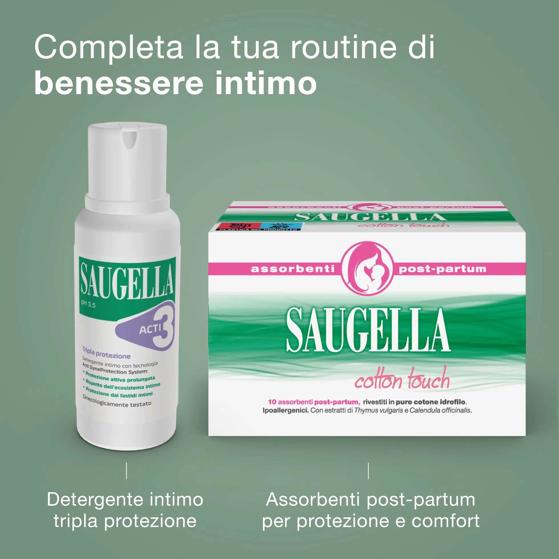 Saugella Cotton Touch Post Parto 10 Assorbenti Cotone Senza Strato Adesivo Azione Antibatterica Lenitiva