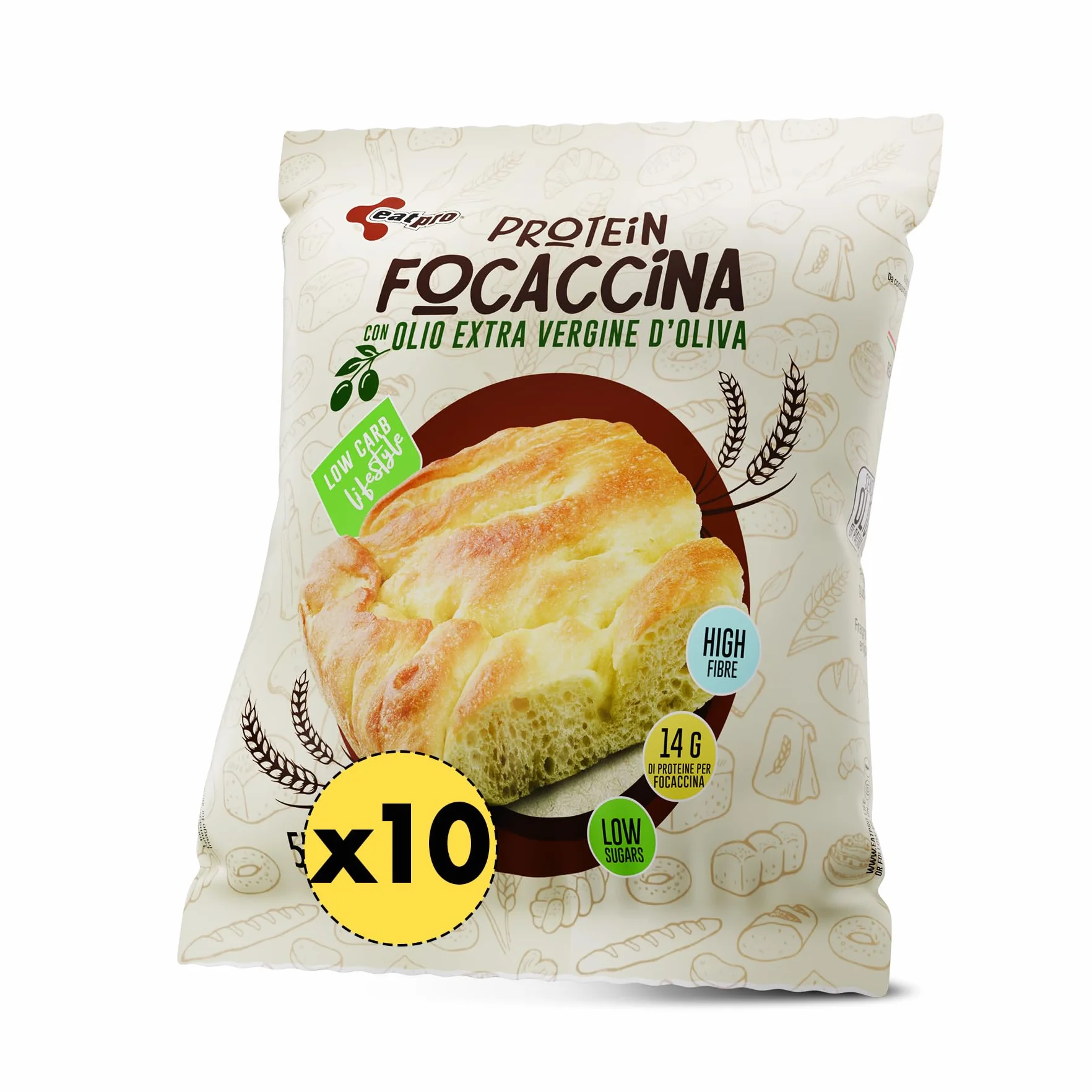 Focaccia Proteica Keto EatPro, 10 Focaccine Da 50g, 7% Carboidrati Netti, 26% Di Proteine, Focaccia Fit Olio Extra Vergine D'Oliva, Spuntini Proteici Low Carb, Keto Diet, Cibo Proteico