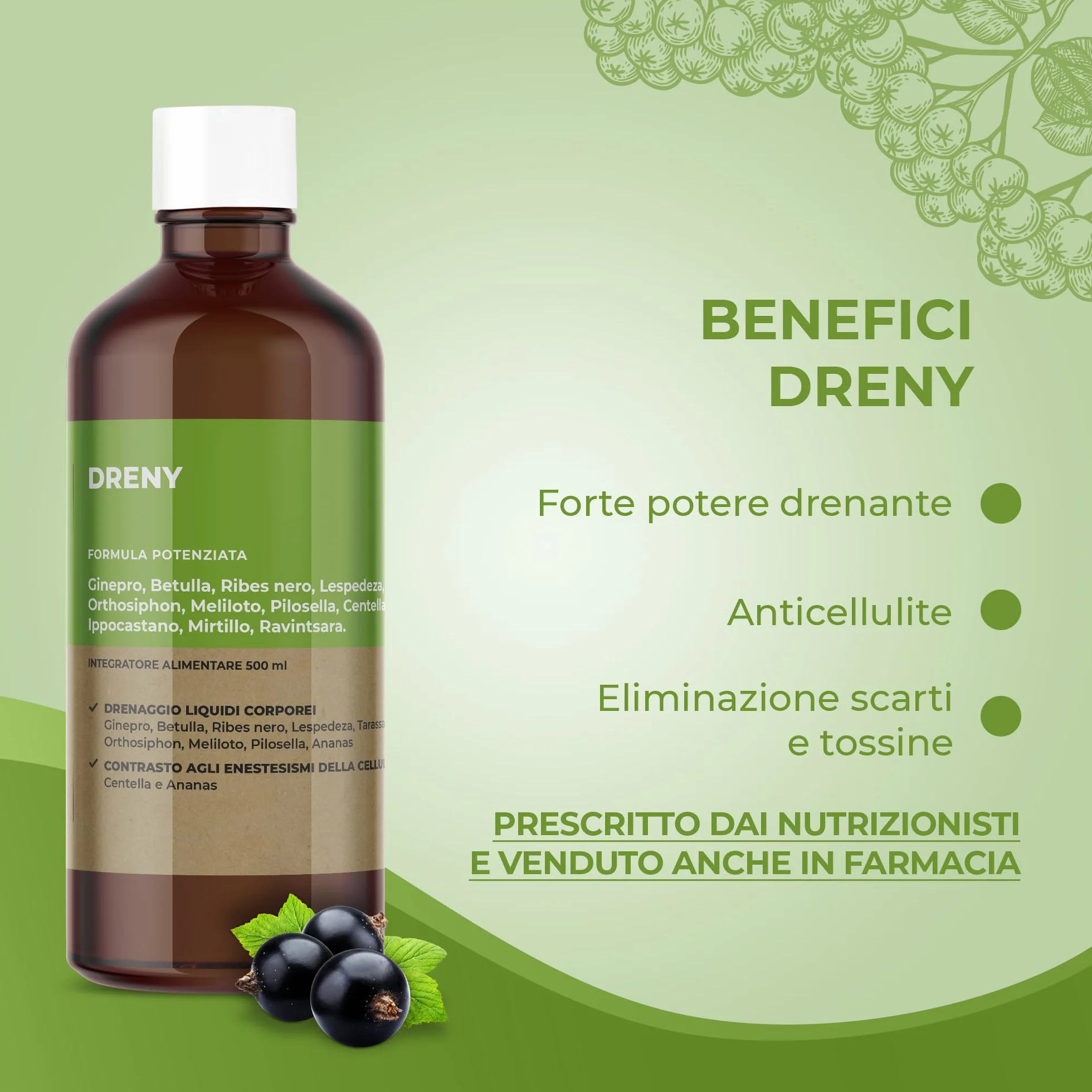 JEA DRENY Drenante Forte Anticellulite 500ml con 13 Estratti Naturali Detox Gambe e Corpo