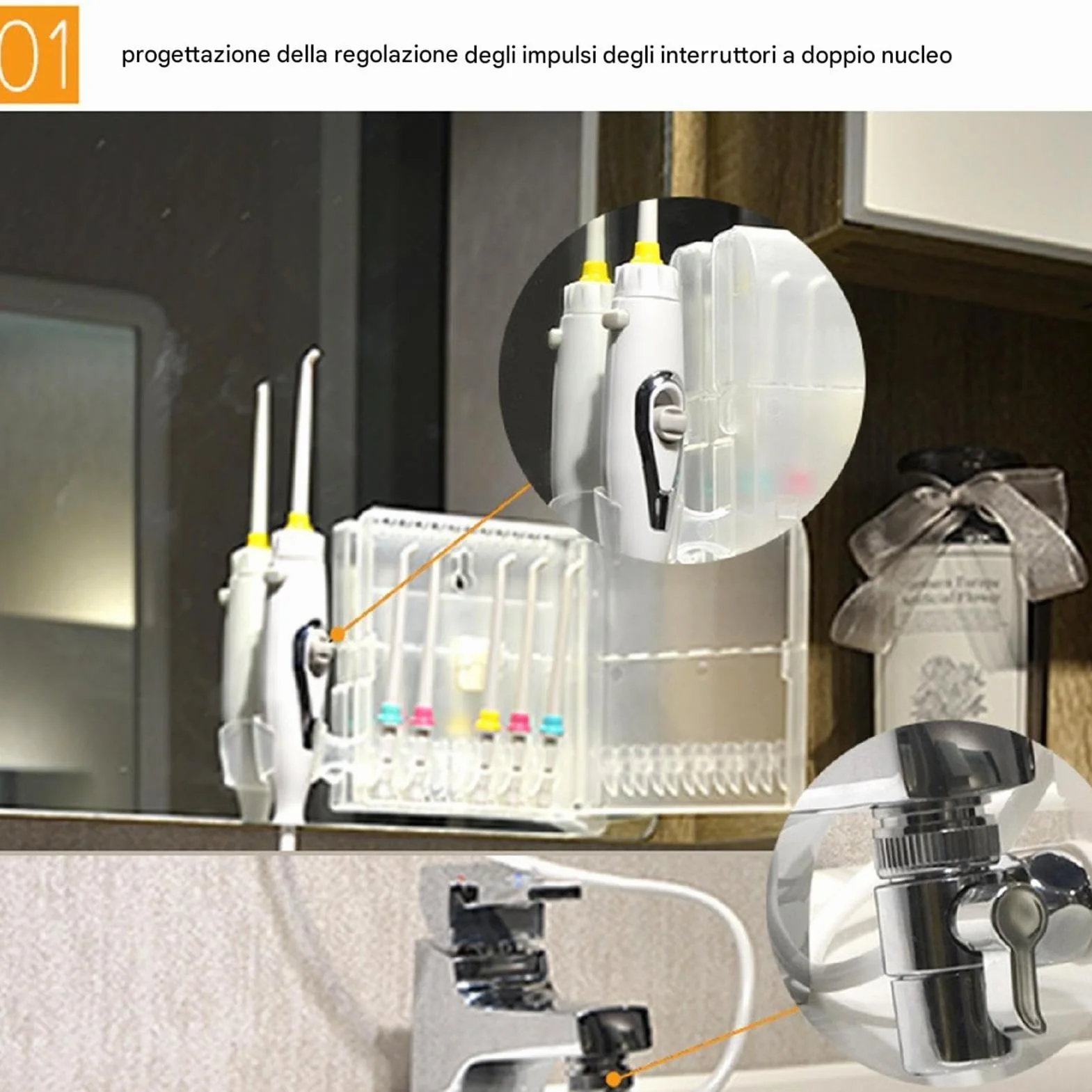 Irrigatore Orale a 6 Ugelli, Idropulsore Non Elettrico per Pulizia Dentale, Dispositivo Igiene Orale
