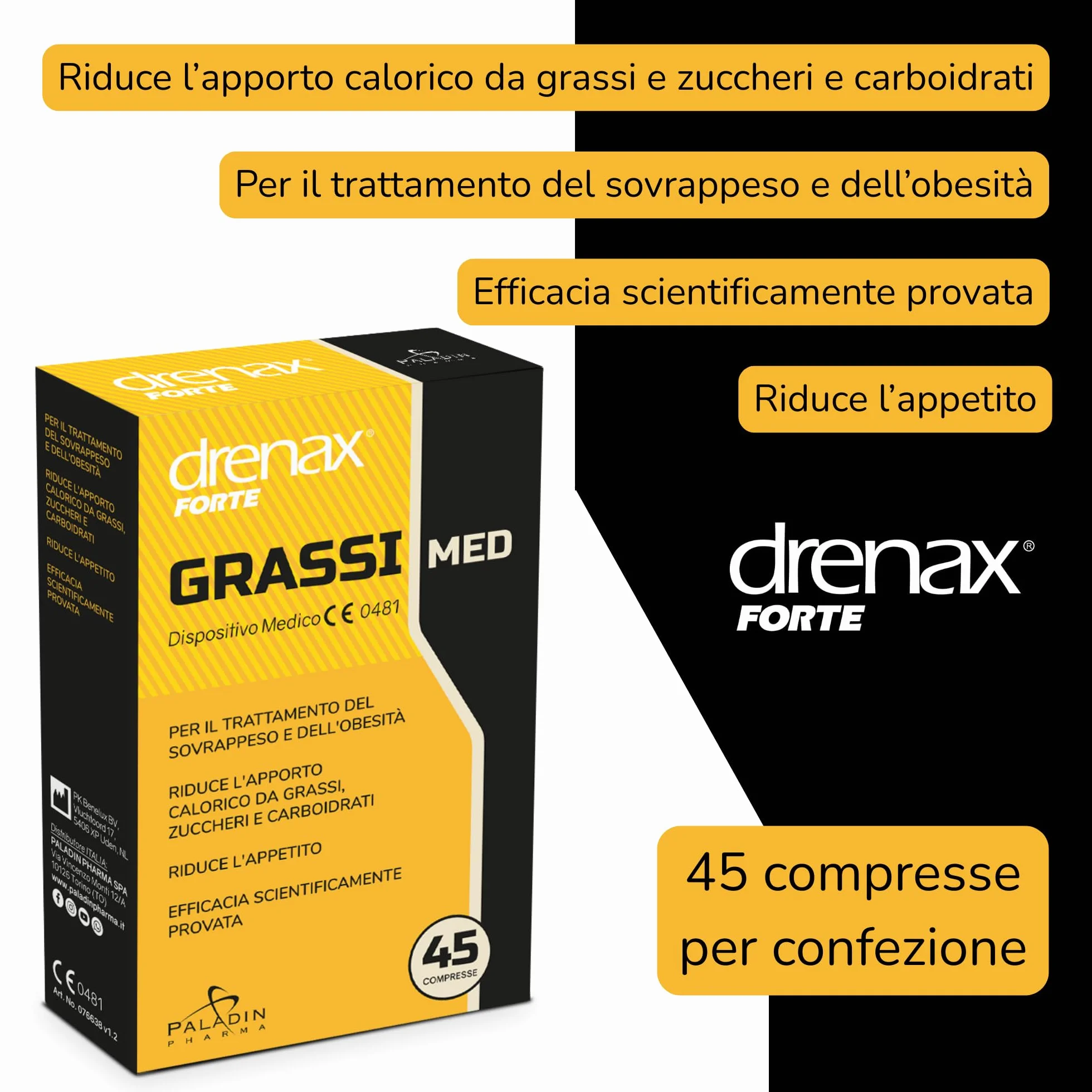 Drenax Forte Grassi Med Dispositivo Medico 45 Compresse Riduce Assorbimento Grassi Zuccheri Carboidrati